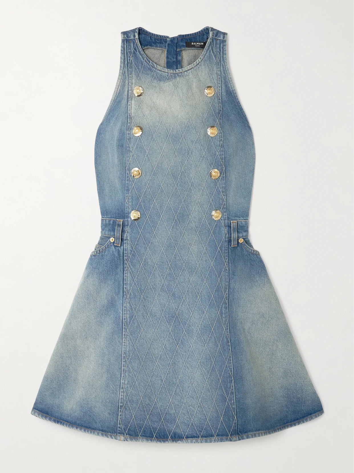 Button-embellished Embroidered Denim Mini Dress - 1