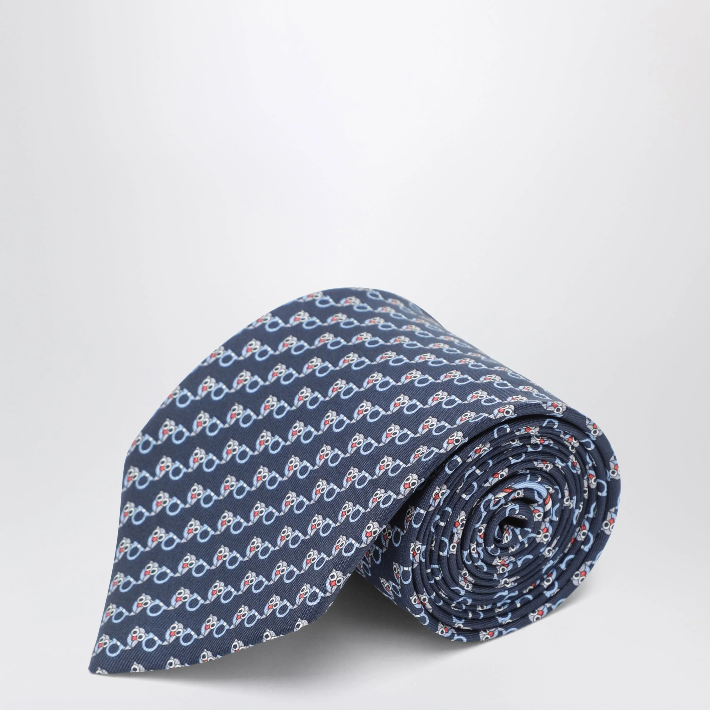 Navy silk tie with Gancini and owl print - 1