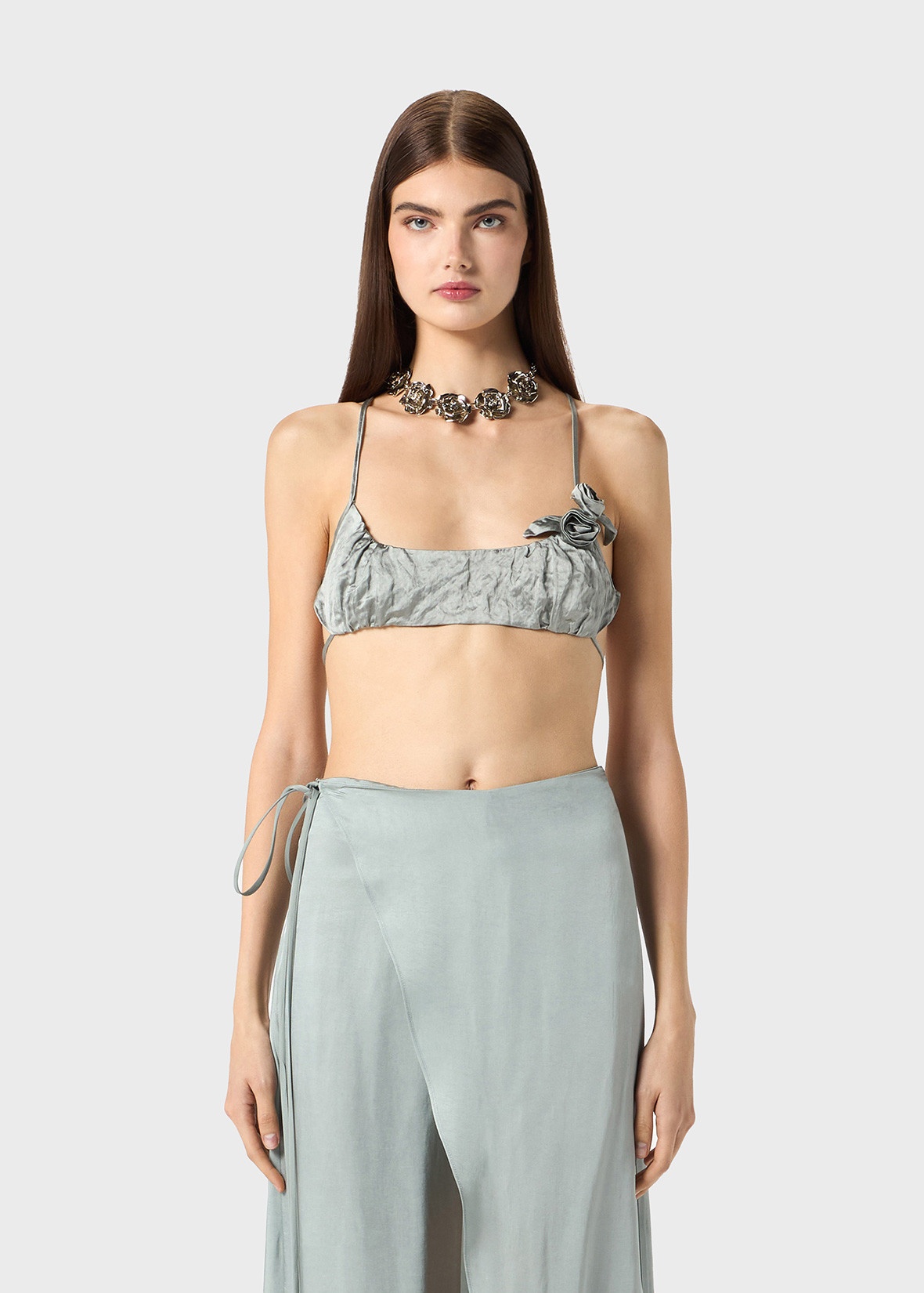 CRINKLED SATIN TOP WITH SMALL 3D ROSES - 3