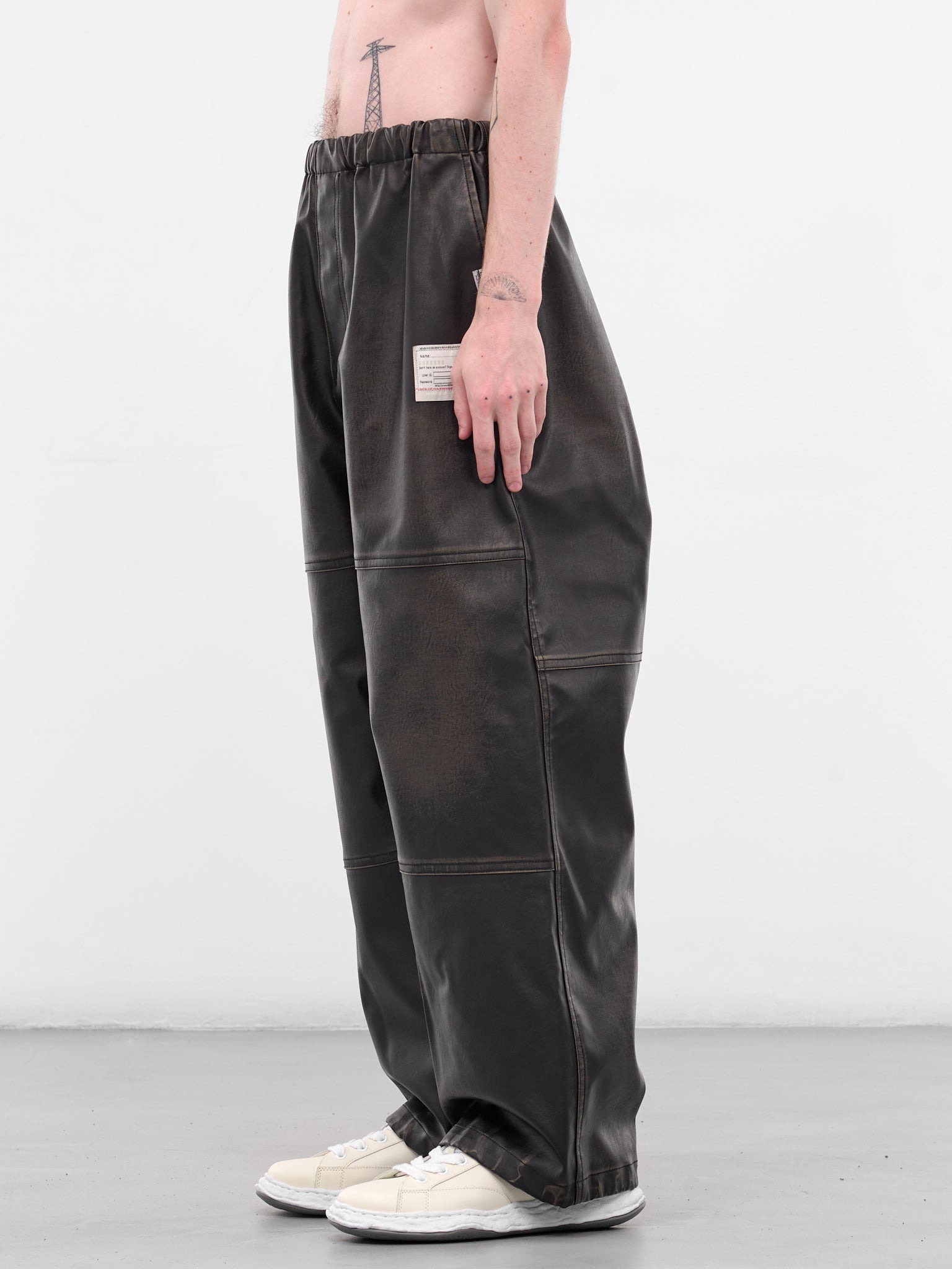 Black Leather Elastic Waist Pants - 2