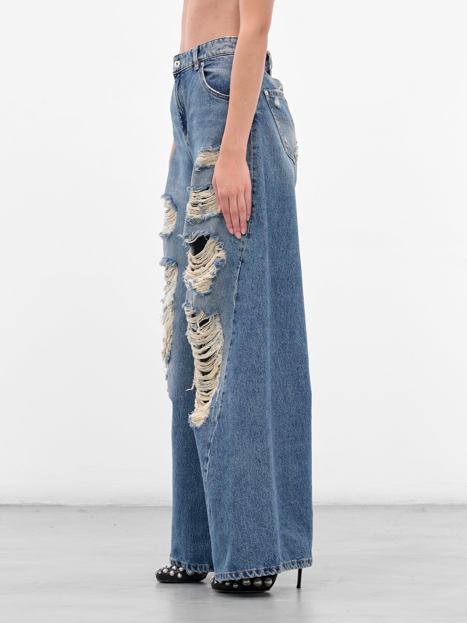 Blue Distressed Boyfriend Wide Jeans - 2
