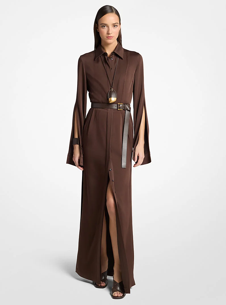 Techno Satin Slit-Sleeve Shirtdress - 1