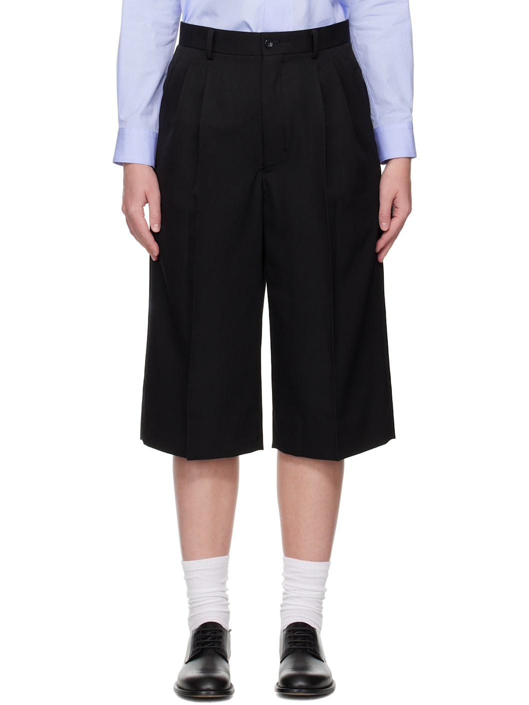 Black Wool Gabardine Pleated Wide Trousers - 1