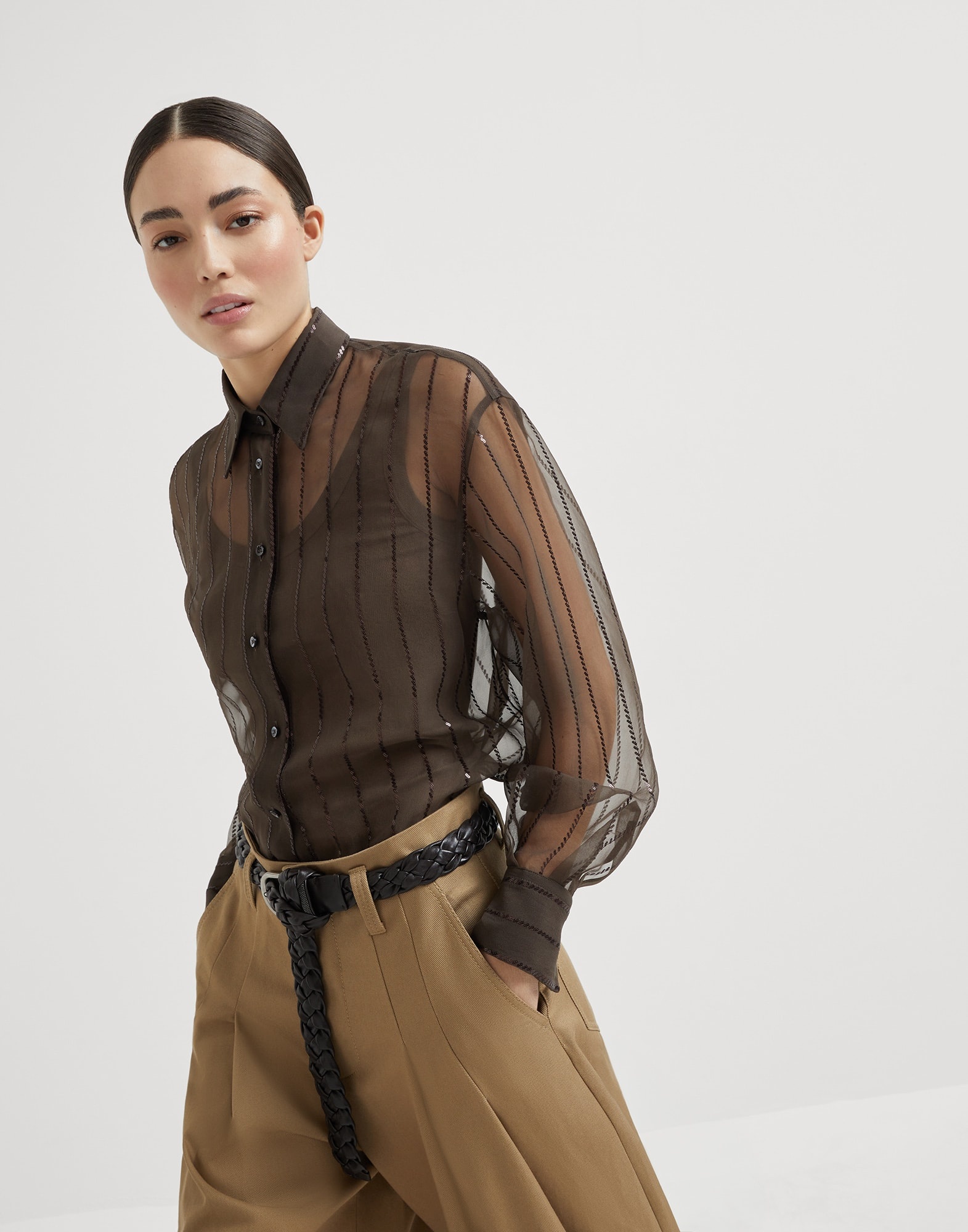 Crispy silk shirt with dazzling chalk stripe embroidery - 4