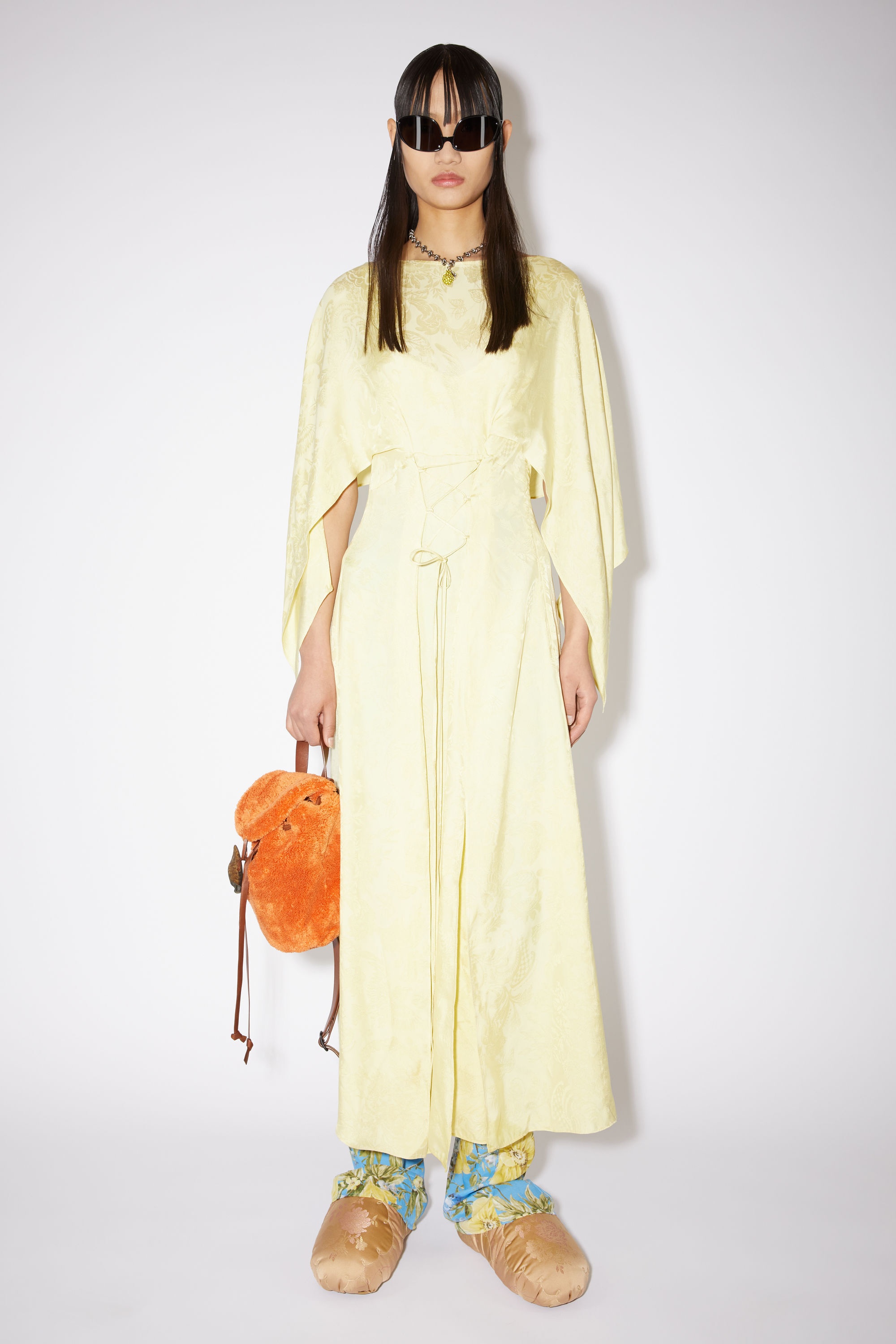 Satin tie-up layered dress - Yellow - 2