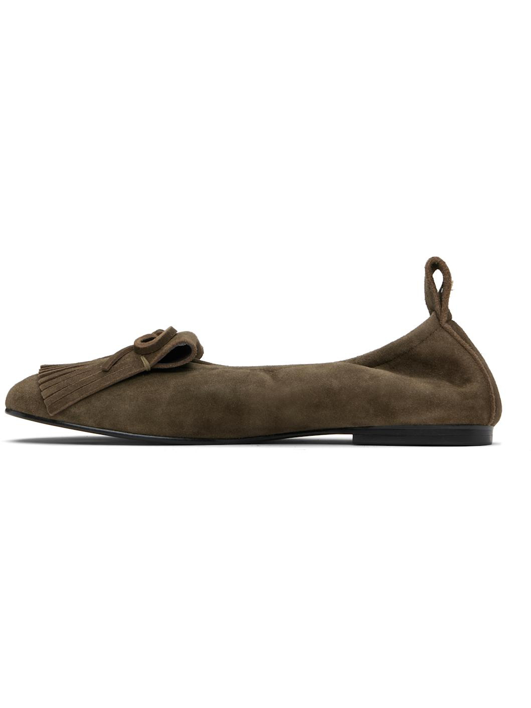Khaki Bun Suede Fringe Ballerina Flats - 3