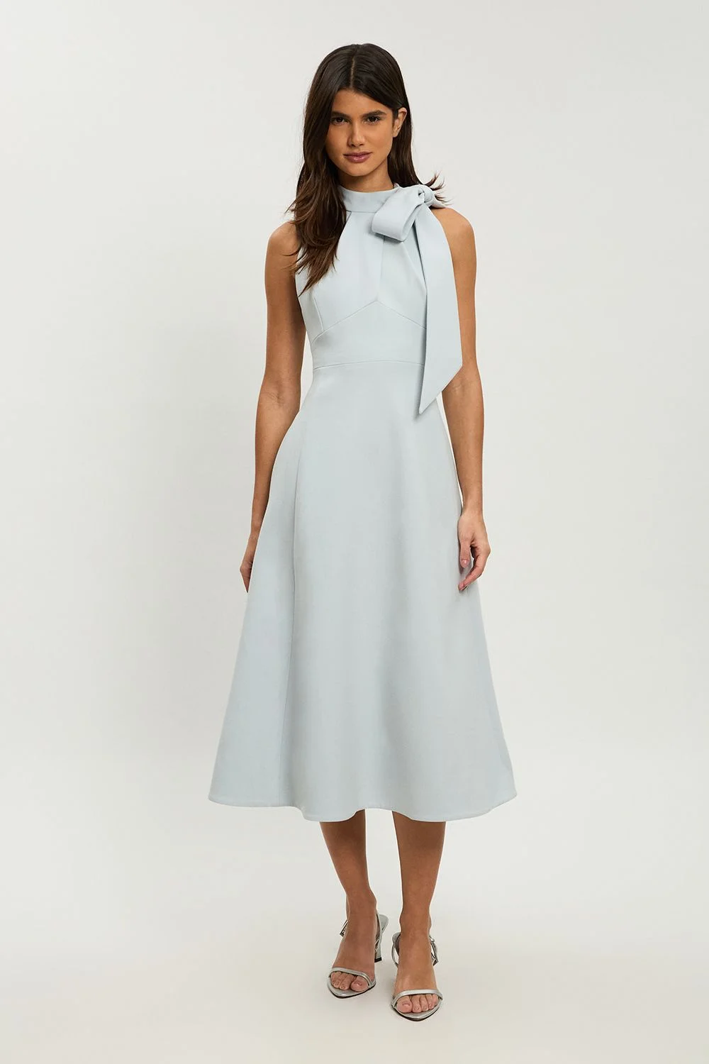 Petite Compact Stretch Bow Tie Neck Full Skirted Midi Dress - 1