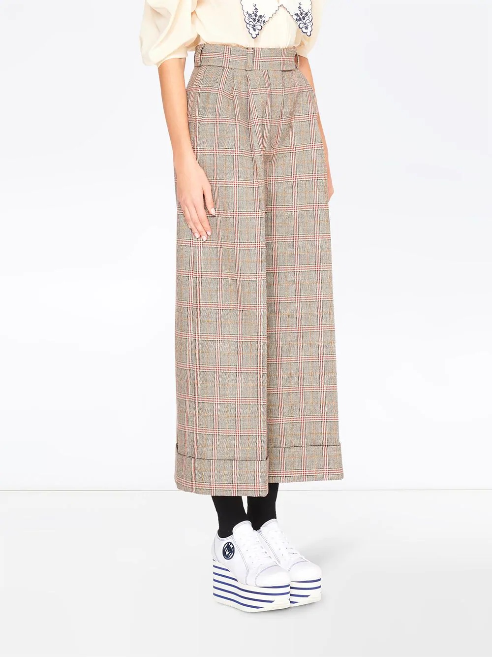 plaid cropped wide-leg trousers - 3