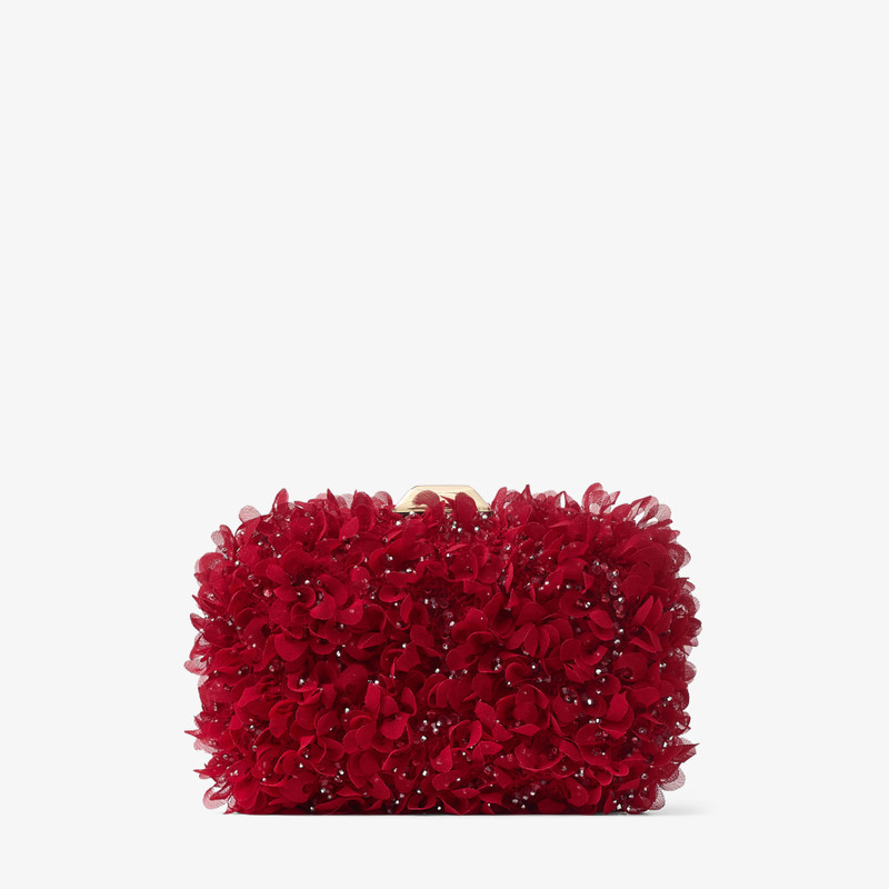 Cloud Ruby Red Satin Clutch Bag with Petal Embroidery 1