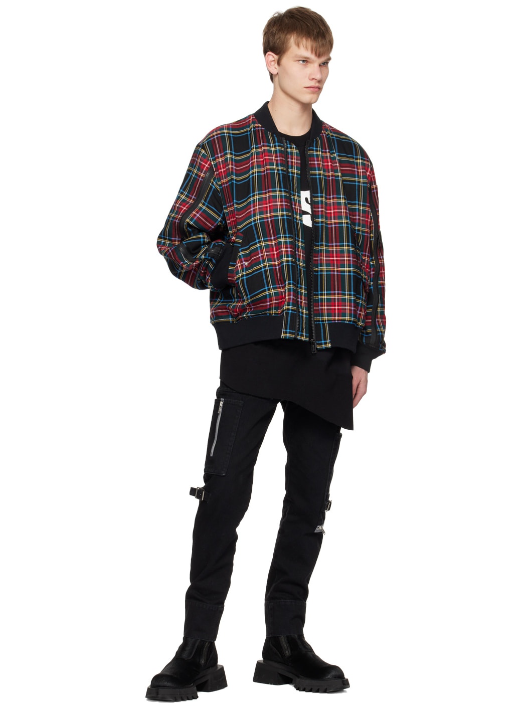 Red Plaid Reversible Bomber Jacket - 5