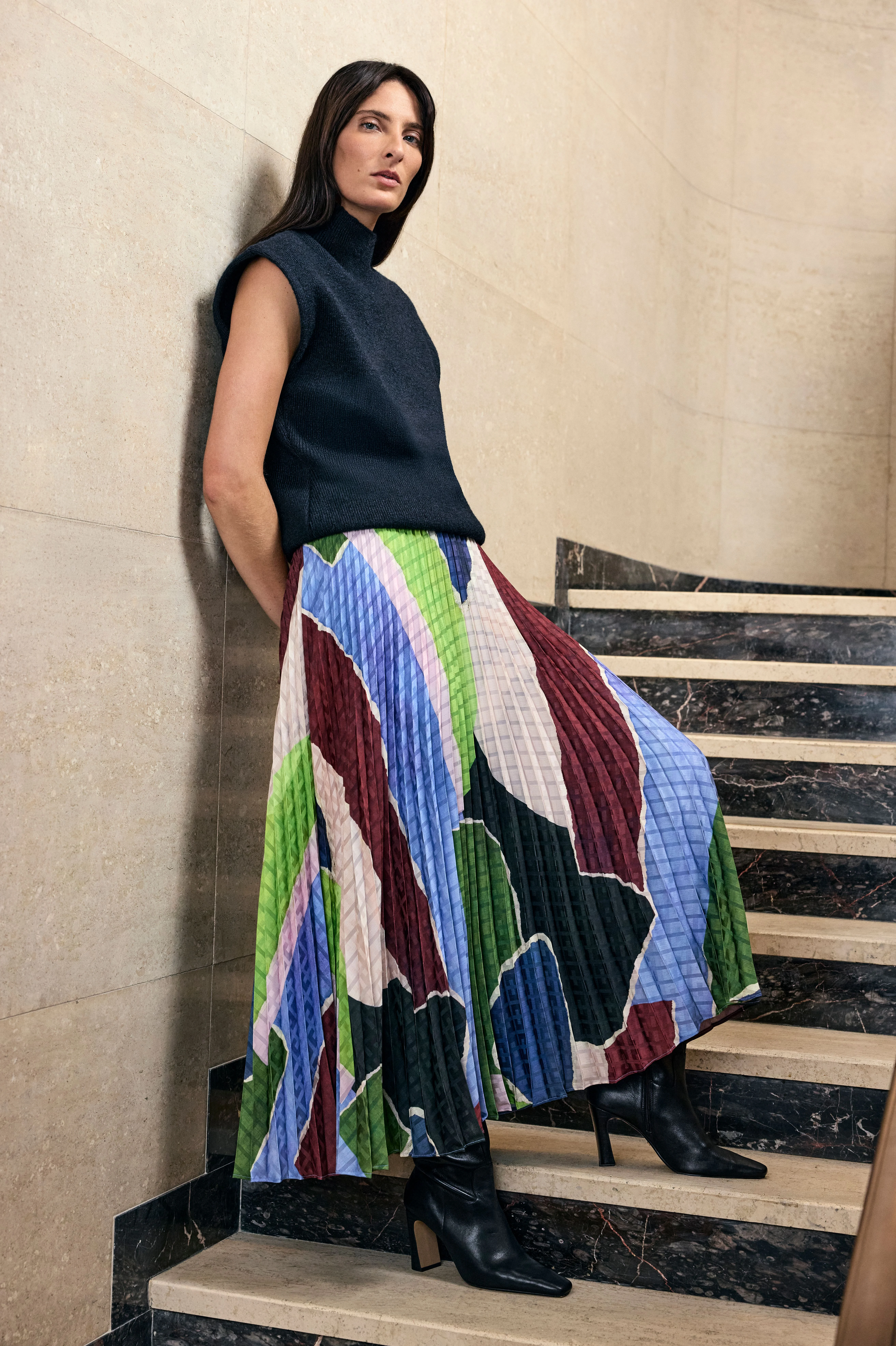 Harper's Bazaar Satin Geo Print Pleated Midi Skirt - 1