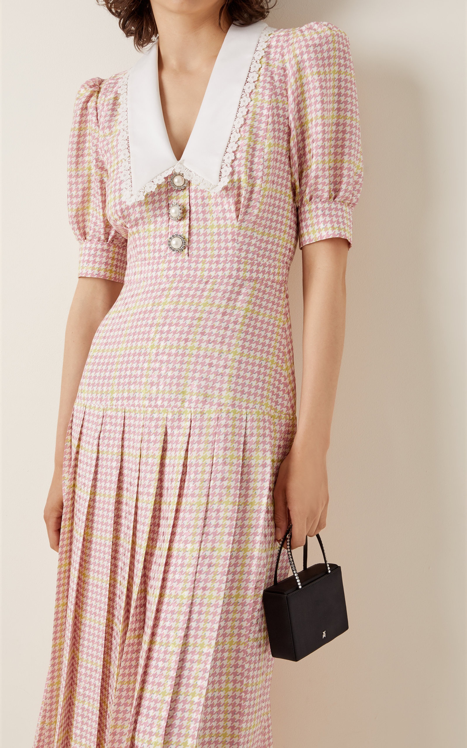 Lace-Trimmed Houndstooth Silk Midi Dress pink - 3