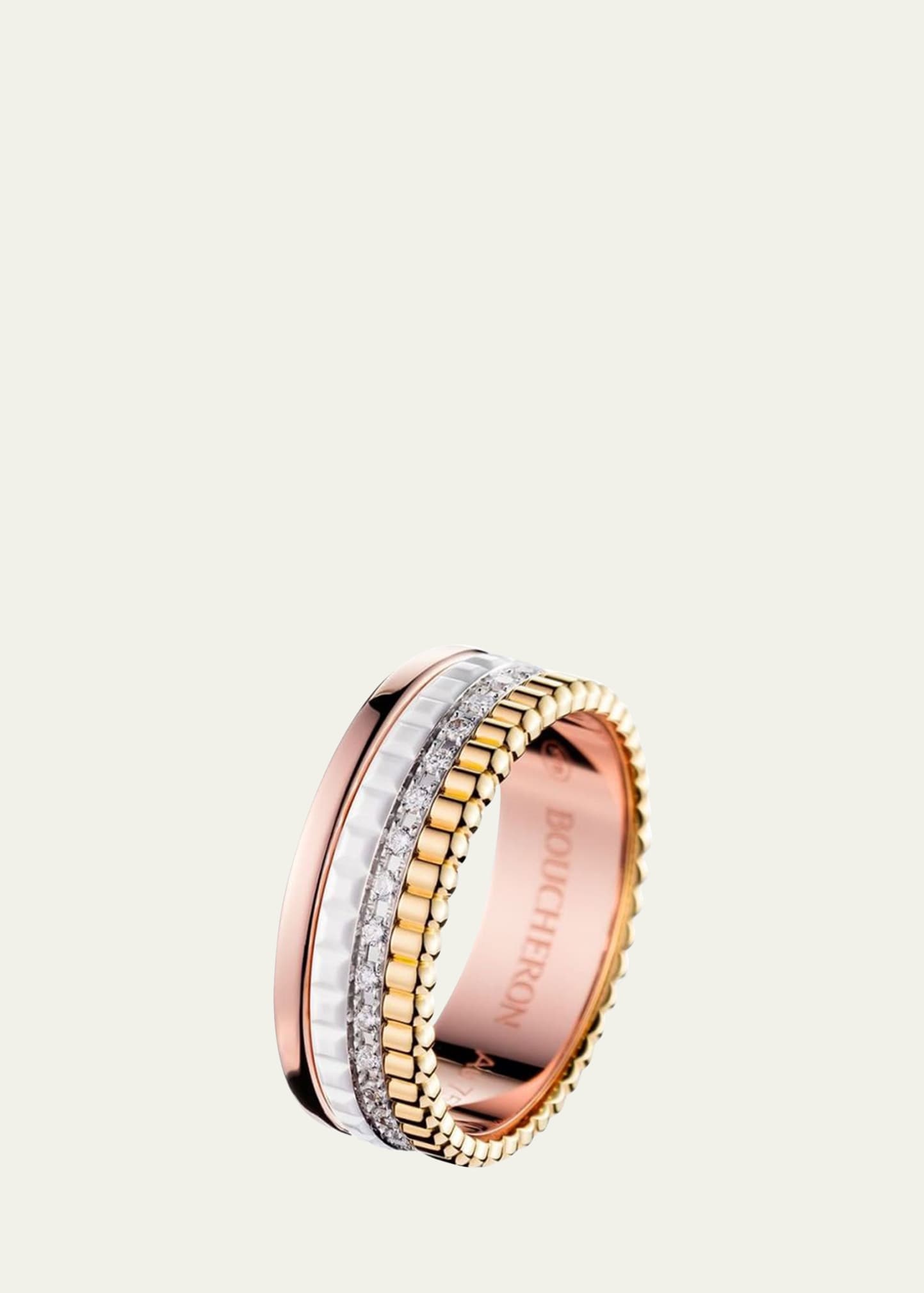 Quatre Small Ring in Tricolor Gold with White Ceramic and Diamonds - 1