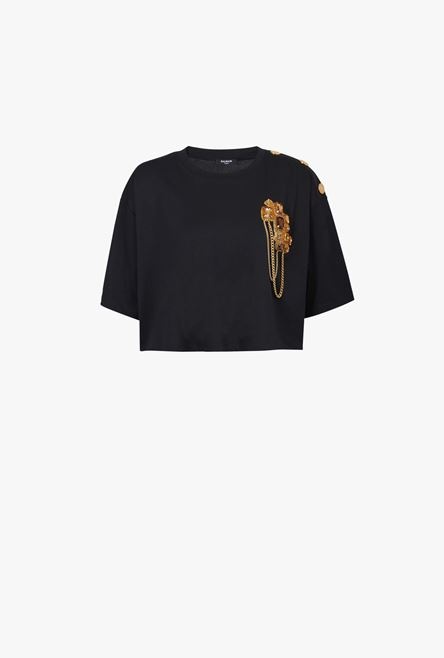 Cropped black and gold cotton T-shirt - 1