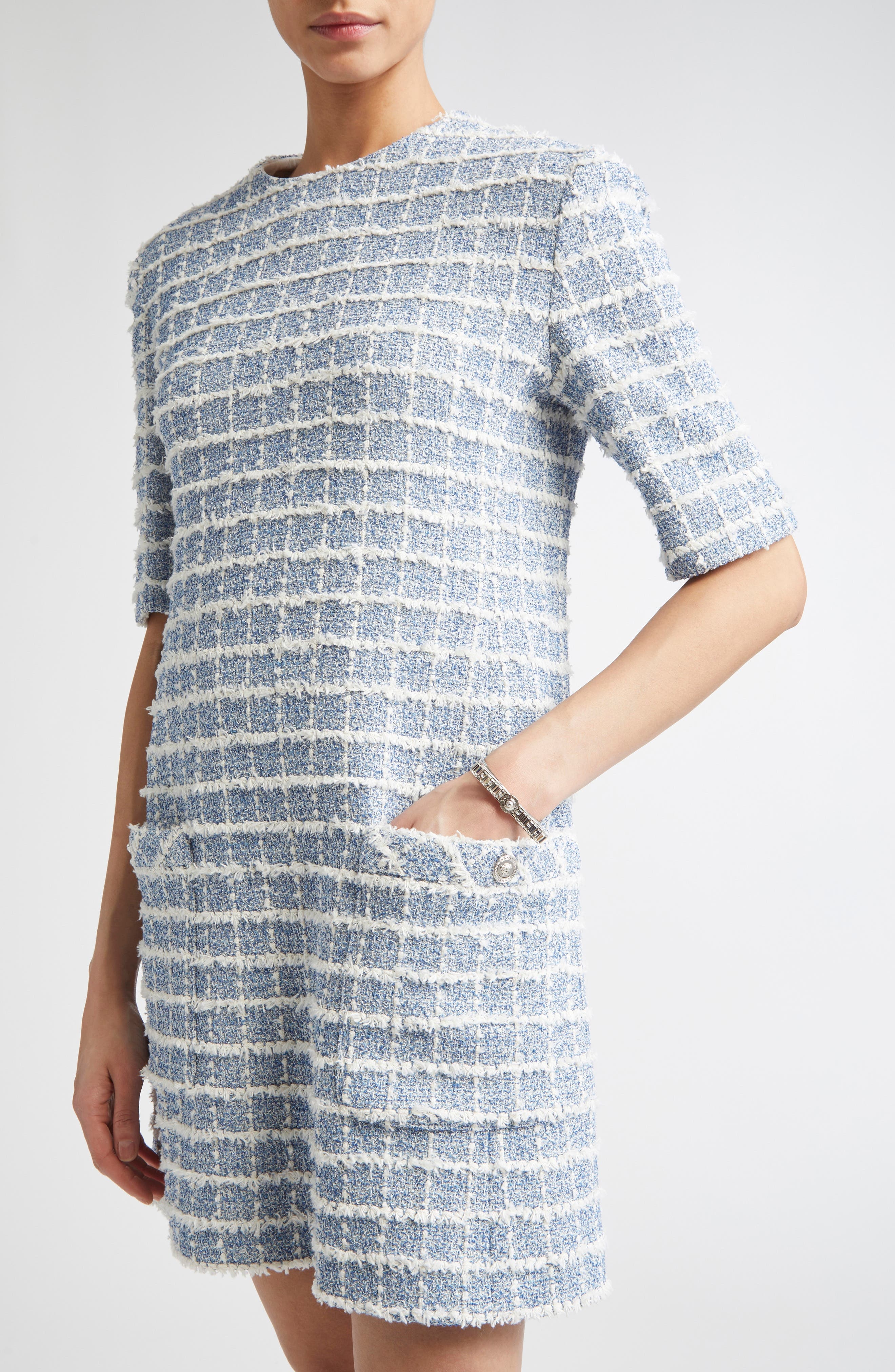 Versace Windowpane Bouclè Tweed Dress in Light Indigo at Nordstrom - 4