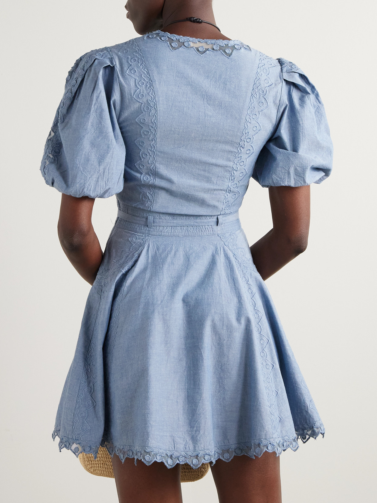 Camilla Belted Embroidered Tulle-trimmed Cotton-chambray Mini Dress - 3