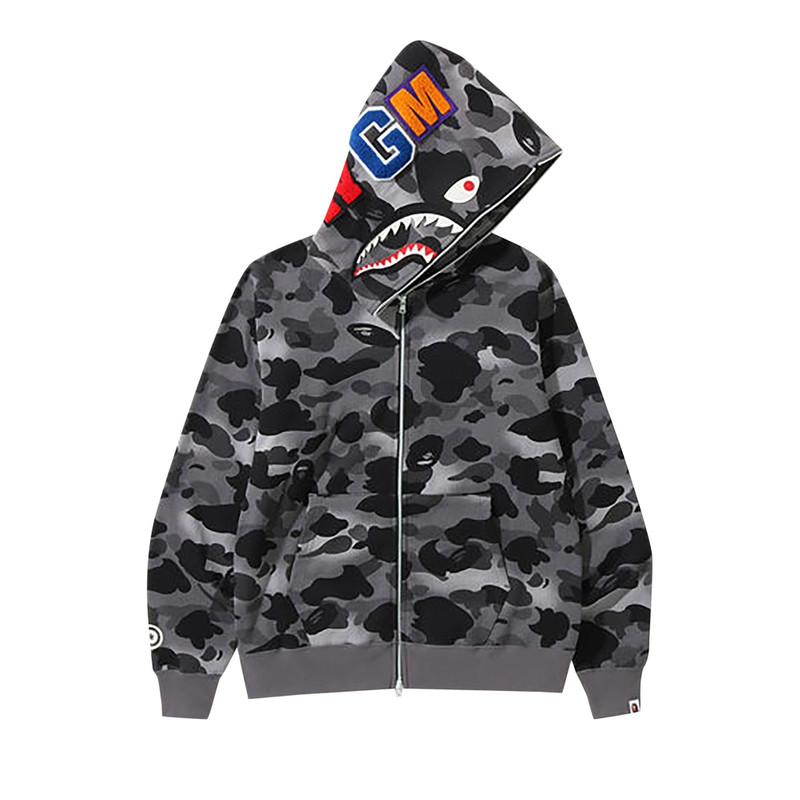 A BATHING APE® BAPE Grid Camo Shark Full Zip Hoodie 'Black' outlook