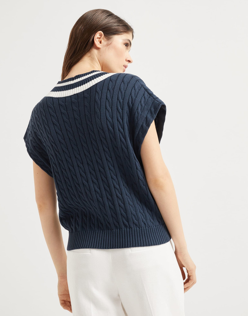 Brunello Cucinelli Cotton cable knit T-shirt with logo outlook