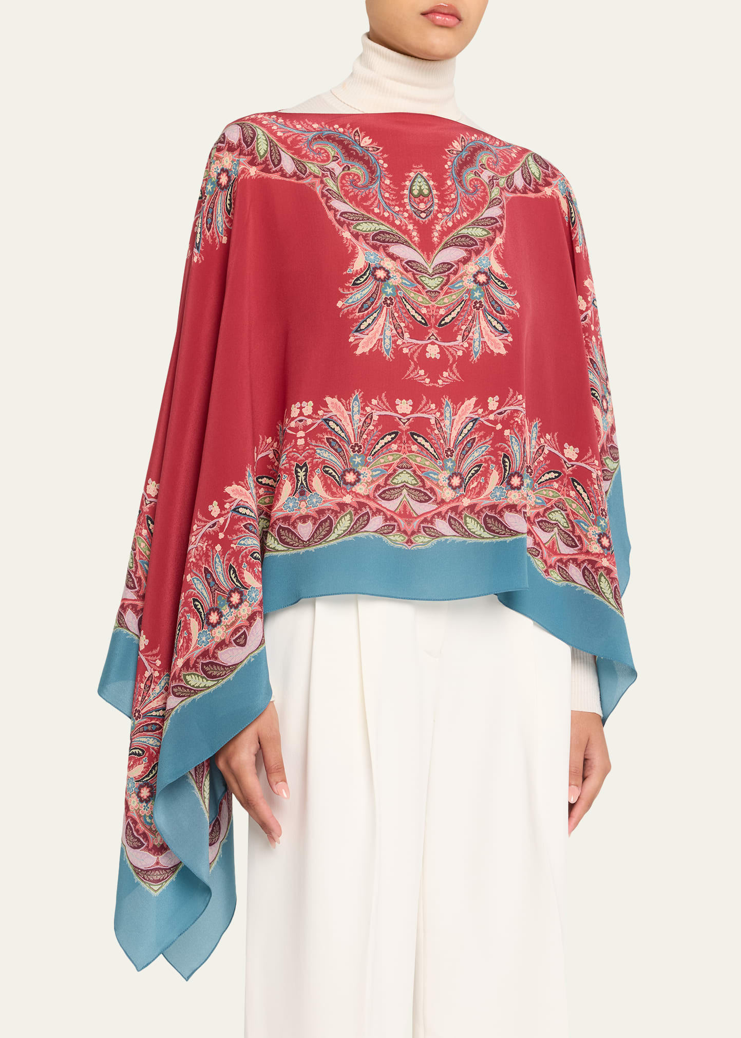 Asymmetric Paisley Silk Poncho - 4