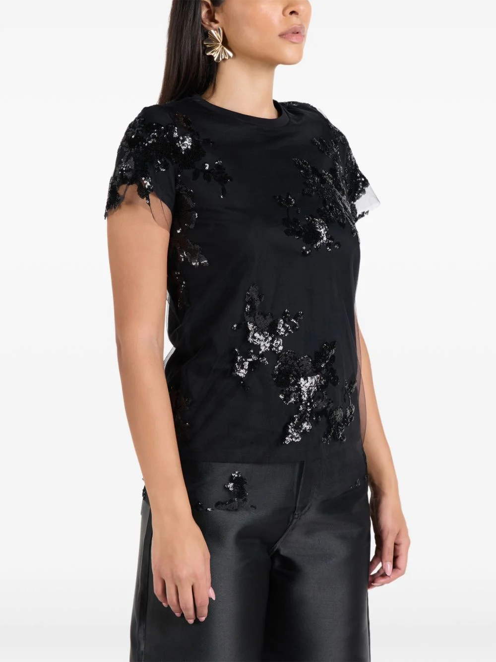 sequin-embellished tulle-overlay T-shirt - 1