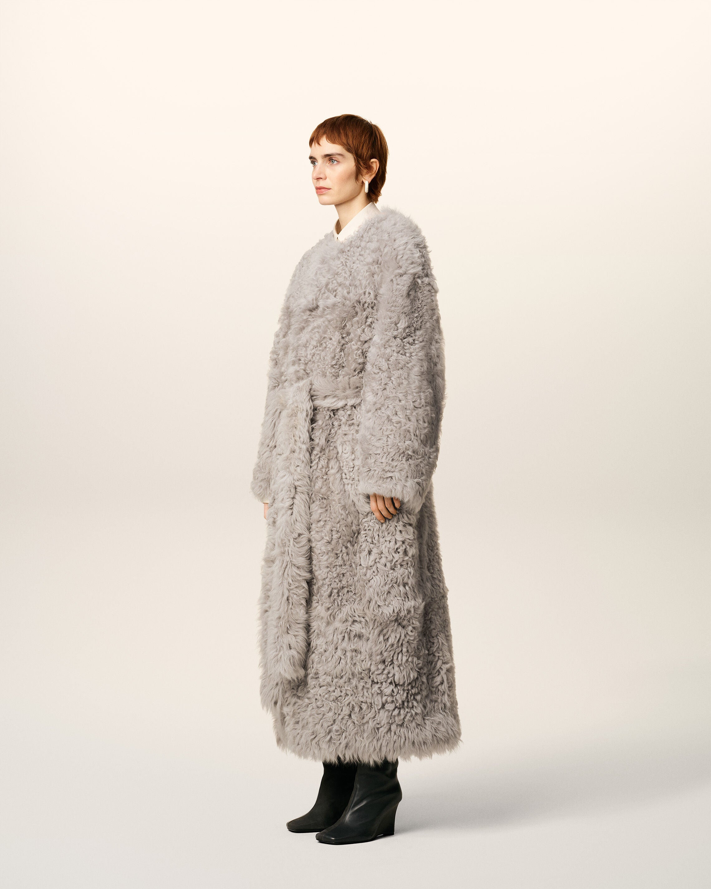 GREY SHEARLING LONG COAT - 5