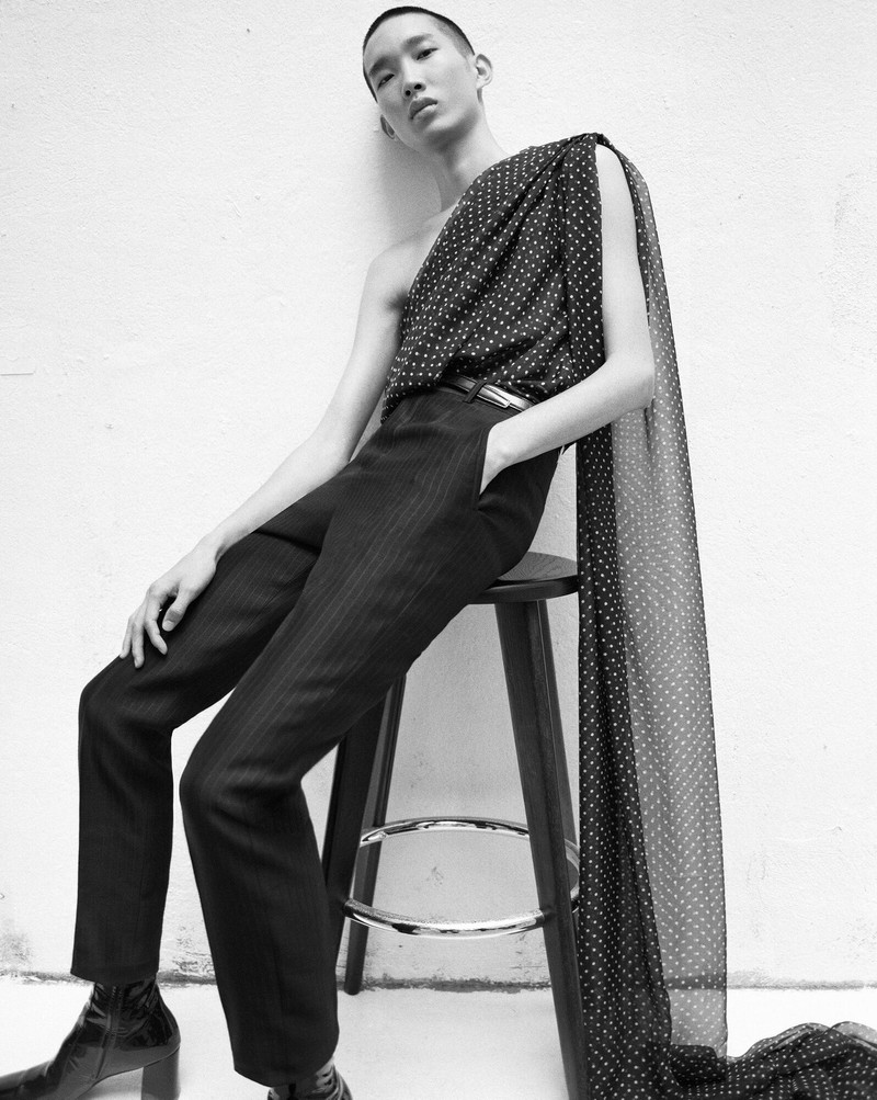 SAINT LAURENT draped one-shoulder top in dotted silk muslin outlook
