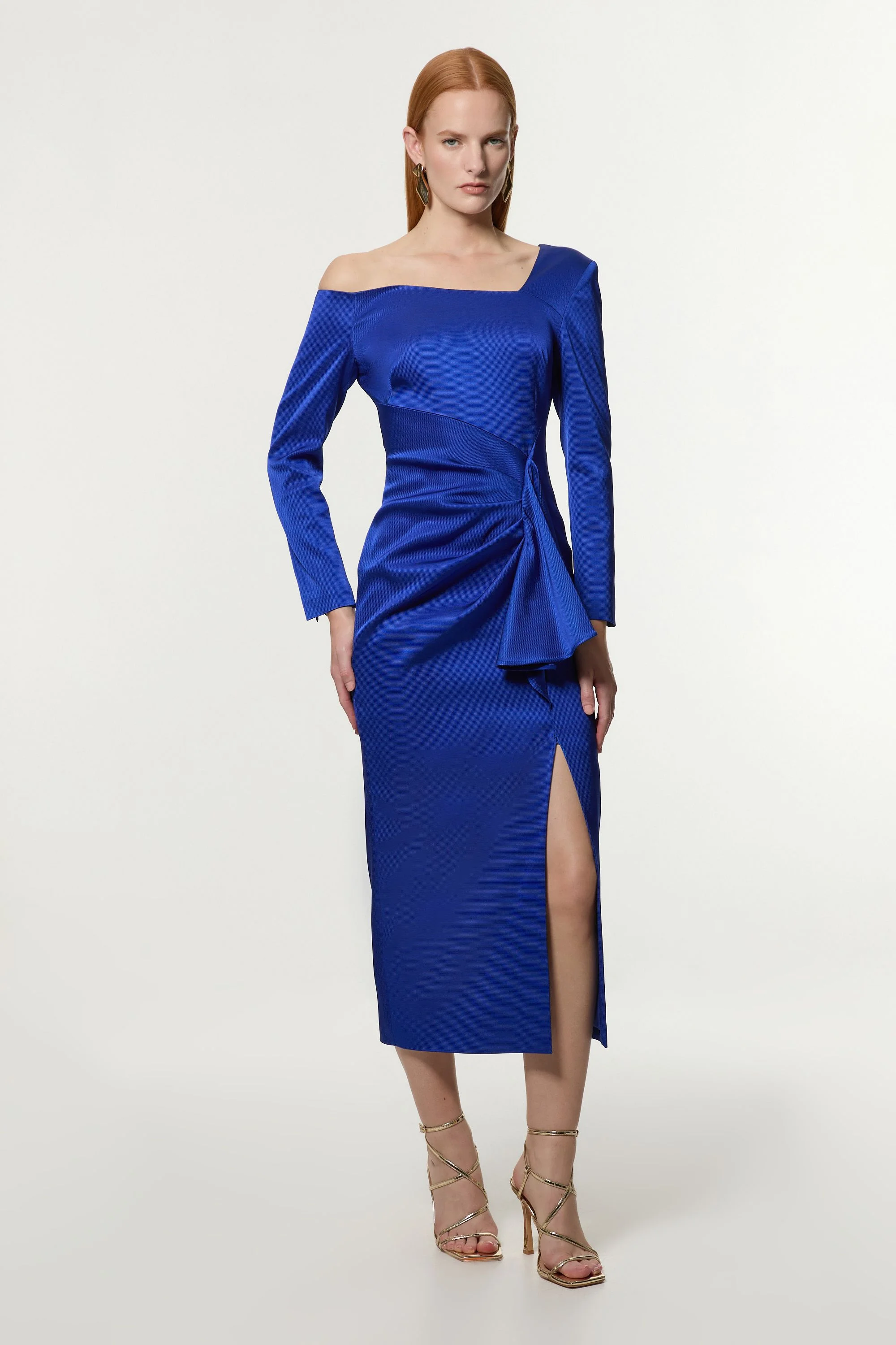 Petite Italian Structured Rib Asymmetric Neckline Draped Tailored Maxi Dress - 1