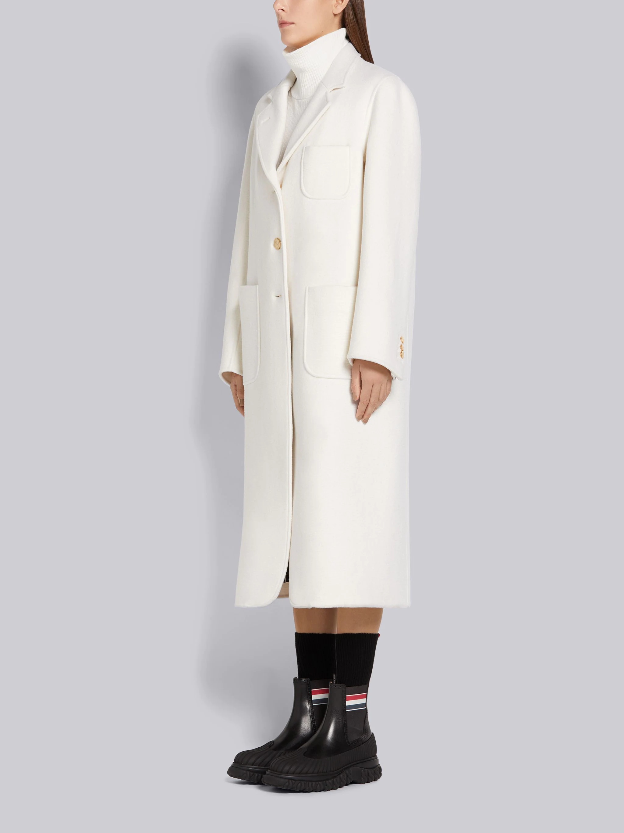 White Felted Wool Cashmere Engineered Stripe Unconstructed Elongated Sack Overcoat - 3
