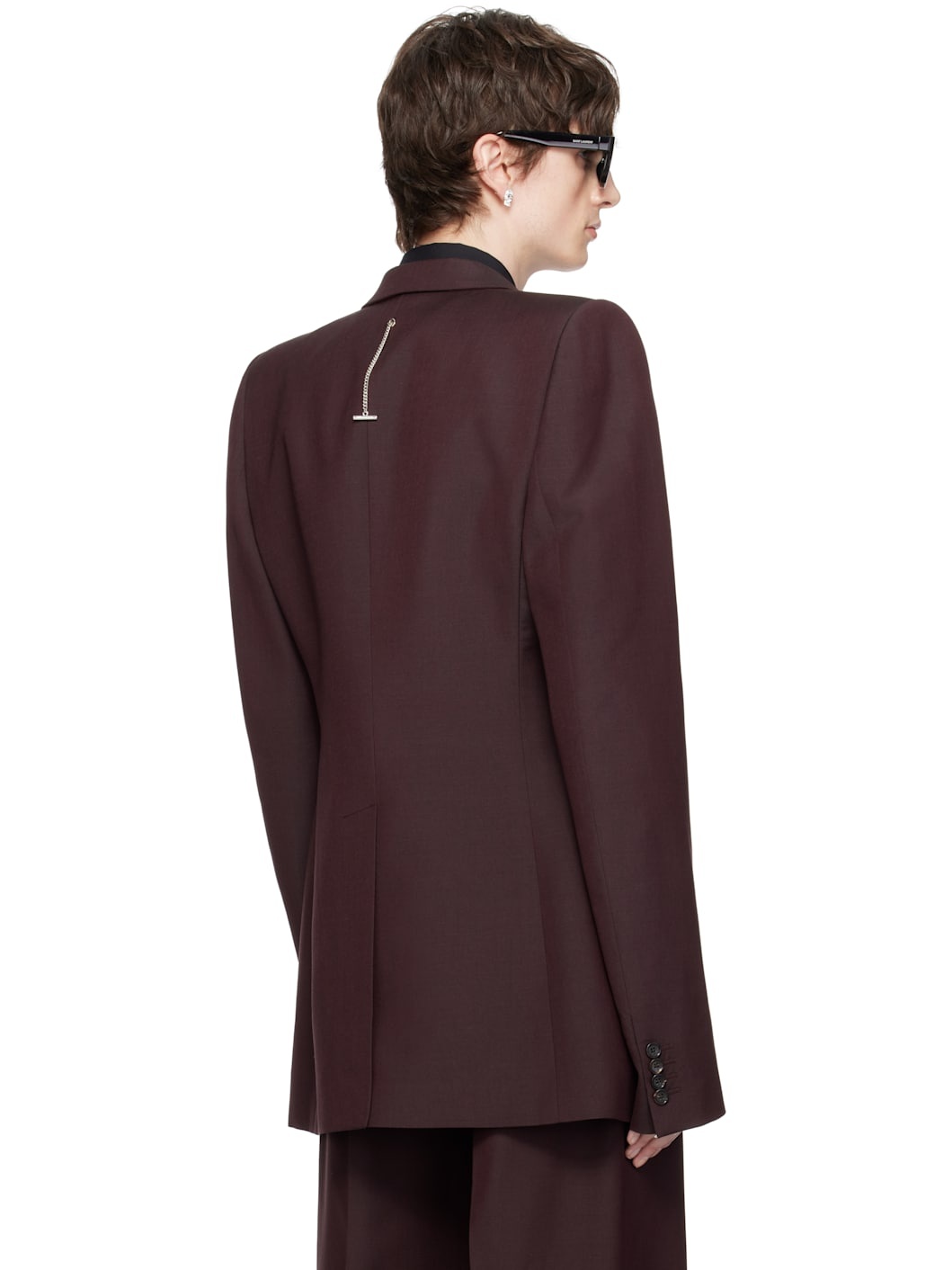 Burgundy Stacked Shoulder Single-Breasted Blazer - 3