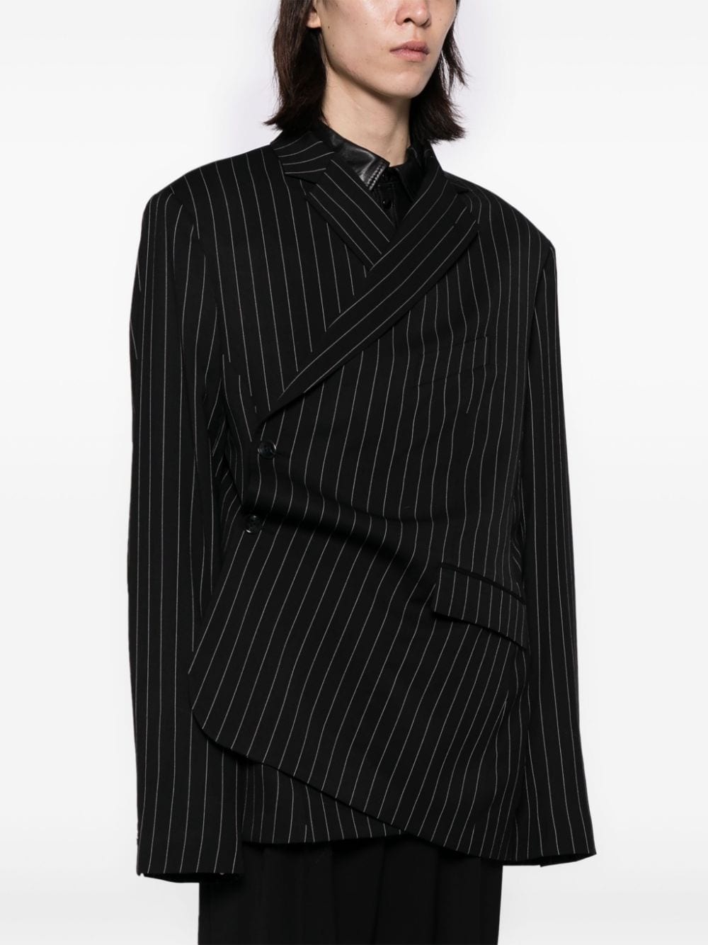 pinstriped wool-blend wrap blazer - 3