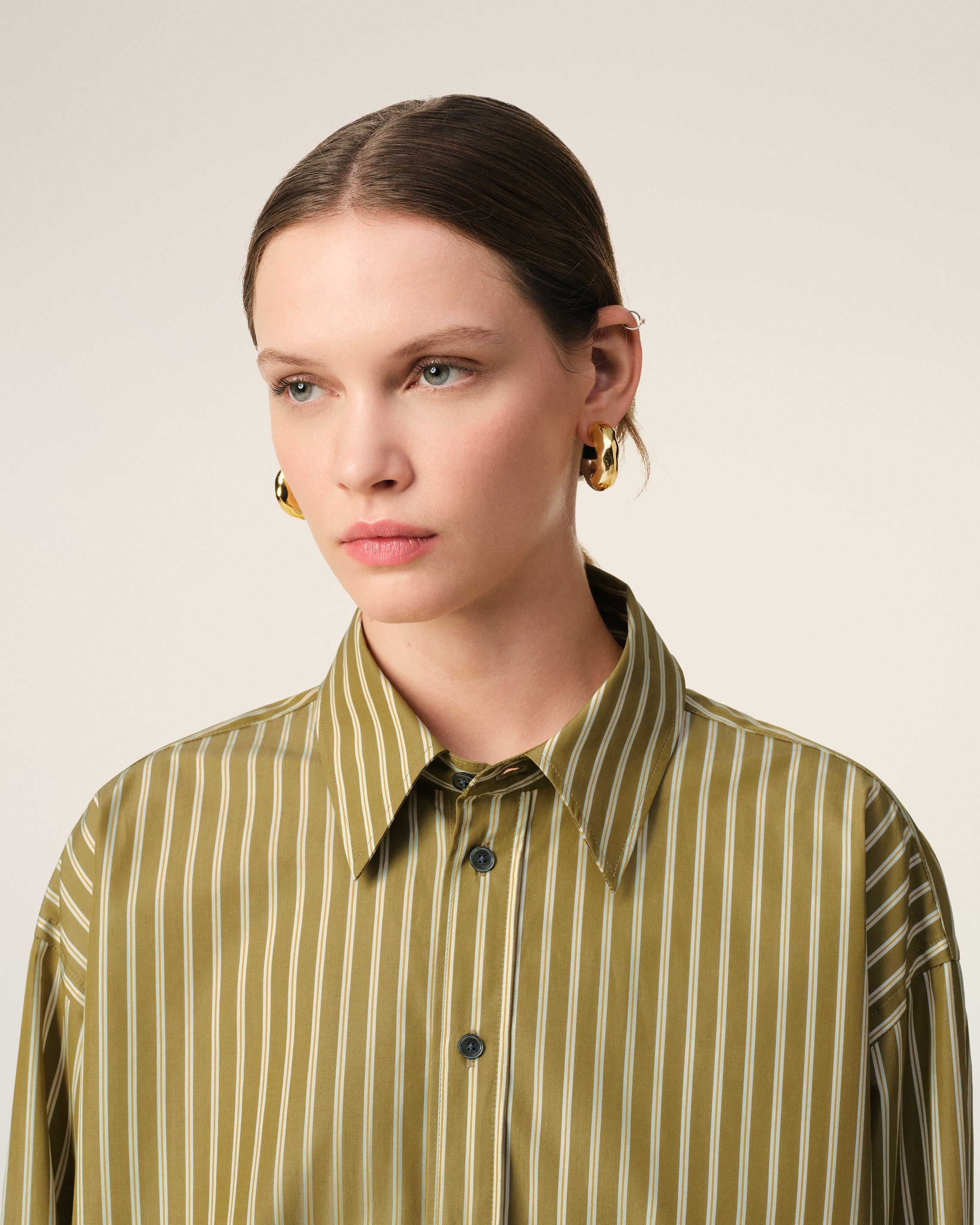 KHAKI COTTON CROPPED OVERSIZED SHIRT - 4