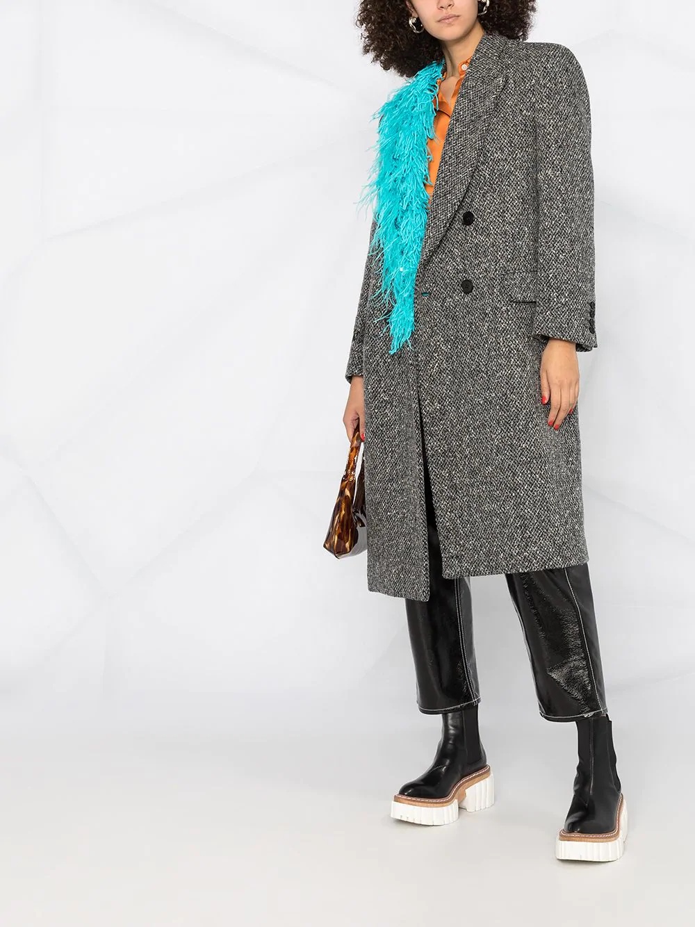 feather-trim double-breasted coat - 2