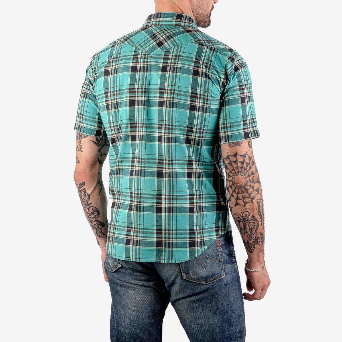 IHSH-359-GRN 5oz Selvedge Madras Check Short Sleeved Western Shirt - Green - 3
