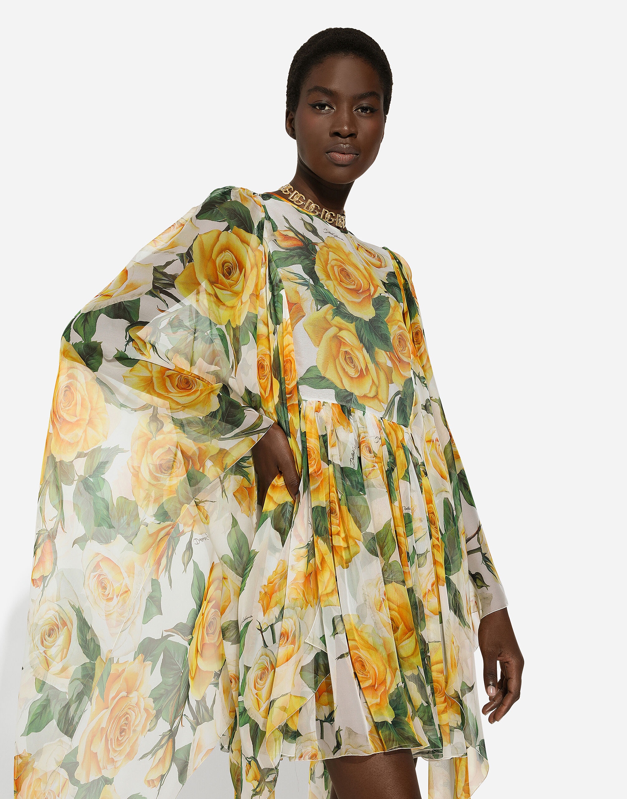 Short silk chiffon dress with yellow rose print - 4