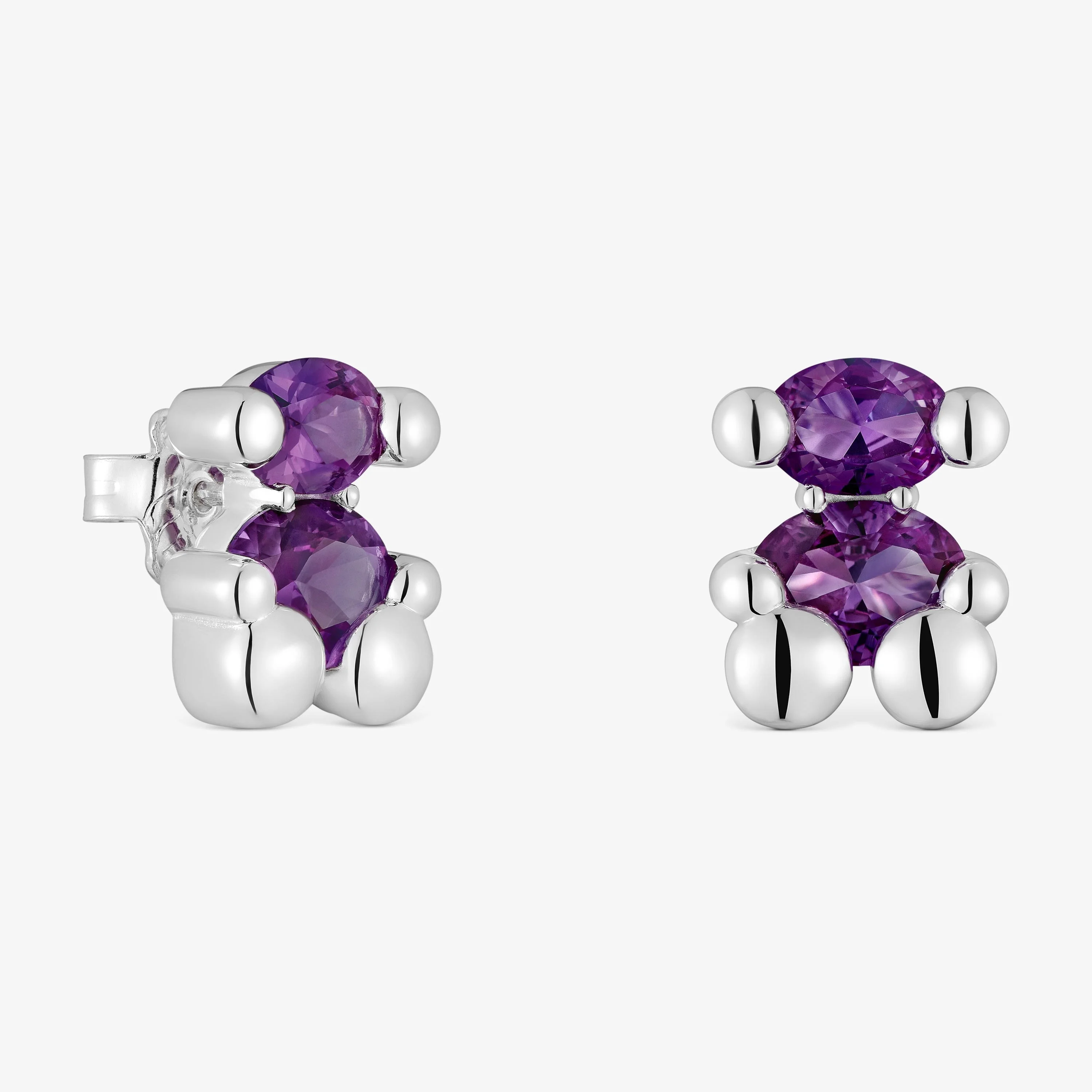 13 mm silver bear motif Earrings with lab-grown lilac sapphire Color Bear LGG - 1