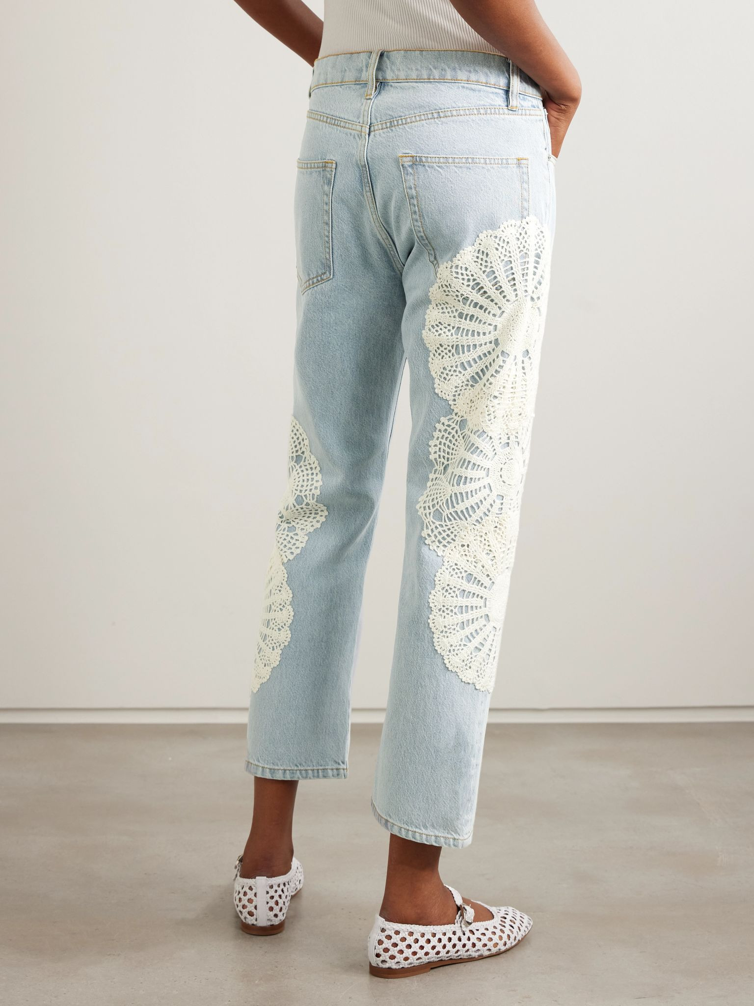 Appliquéd cropped high-rise straight-leg jeans Light denim - 4