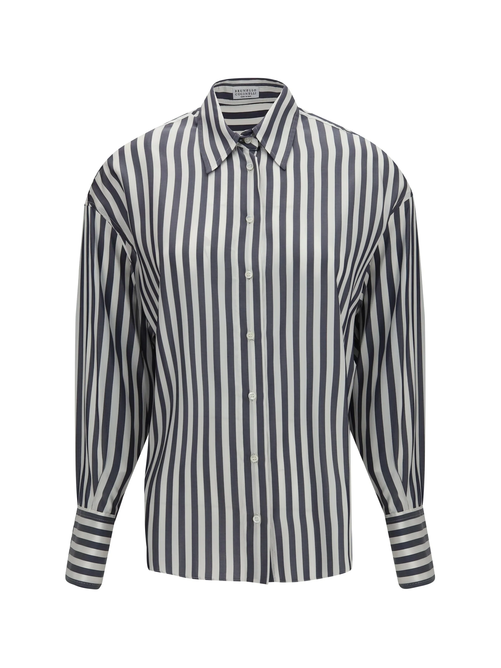 Brunello Cucinelli Silk Poplin Striped Shirt Denim/Bianco - 1