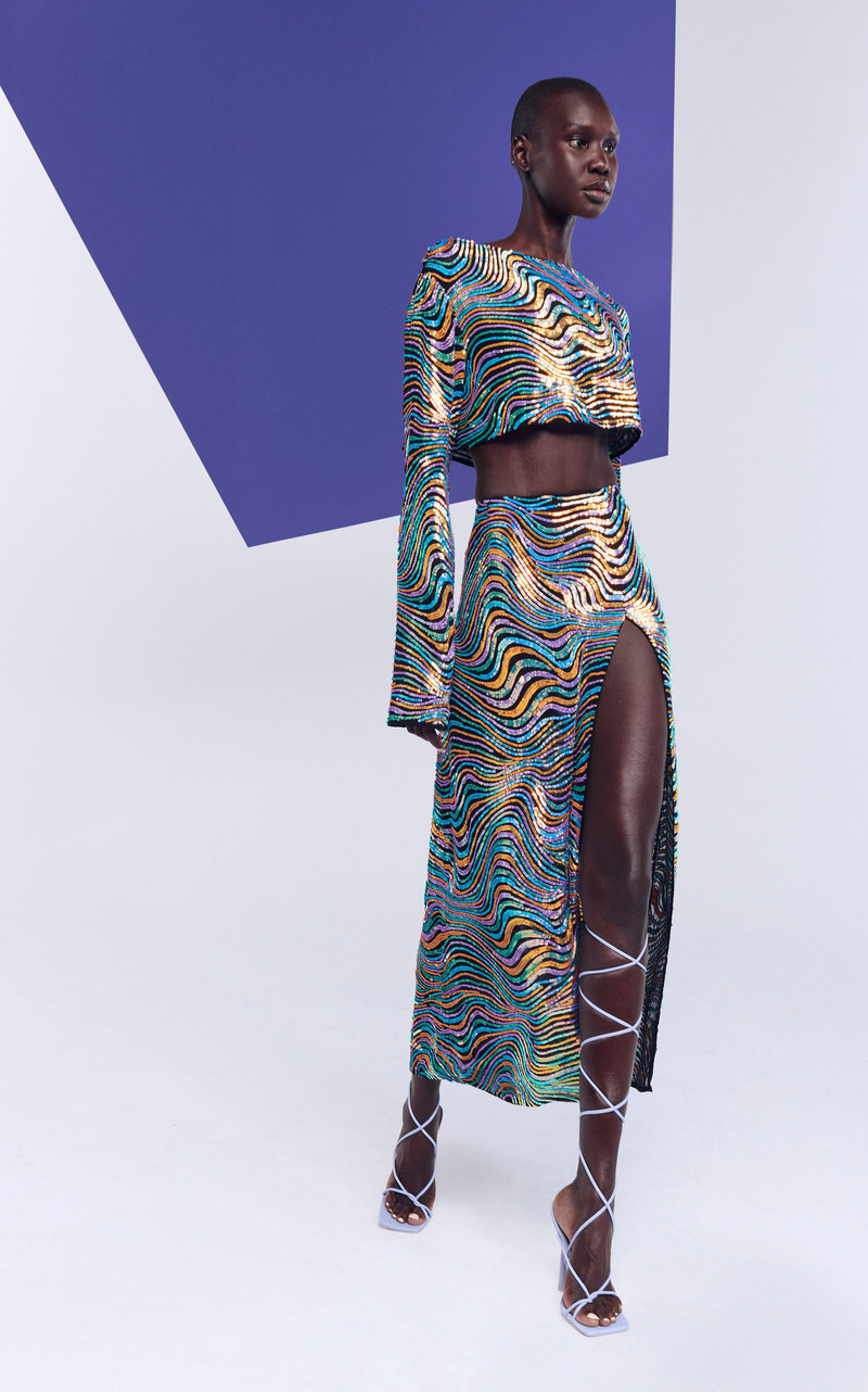 LAPOINTE Swirl Sequin Silk Midi Skirt multi outlook