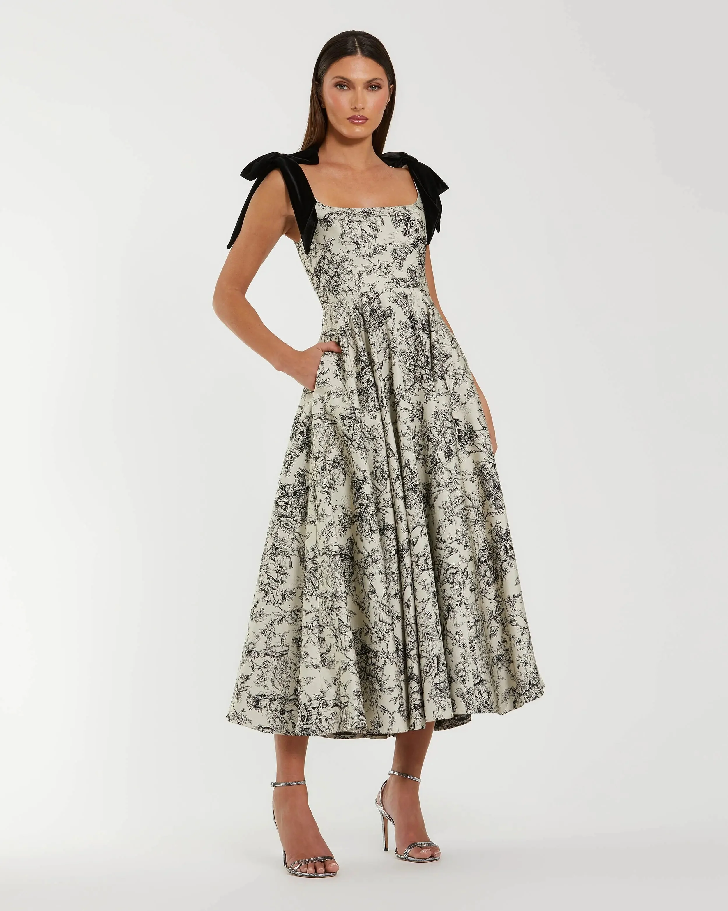 Black Ivory Printed A Line Midi Dress With Bow Straps - 1
