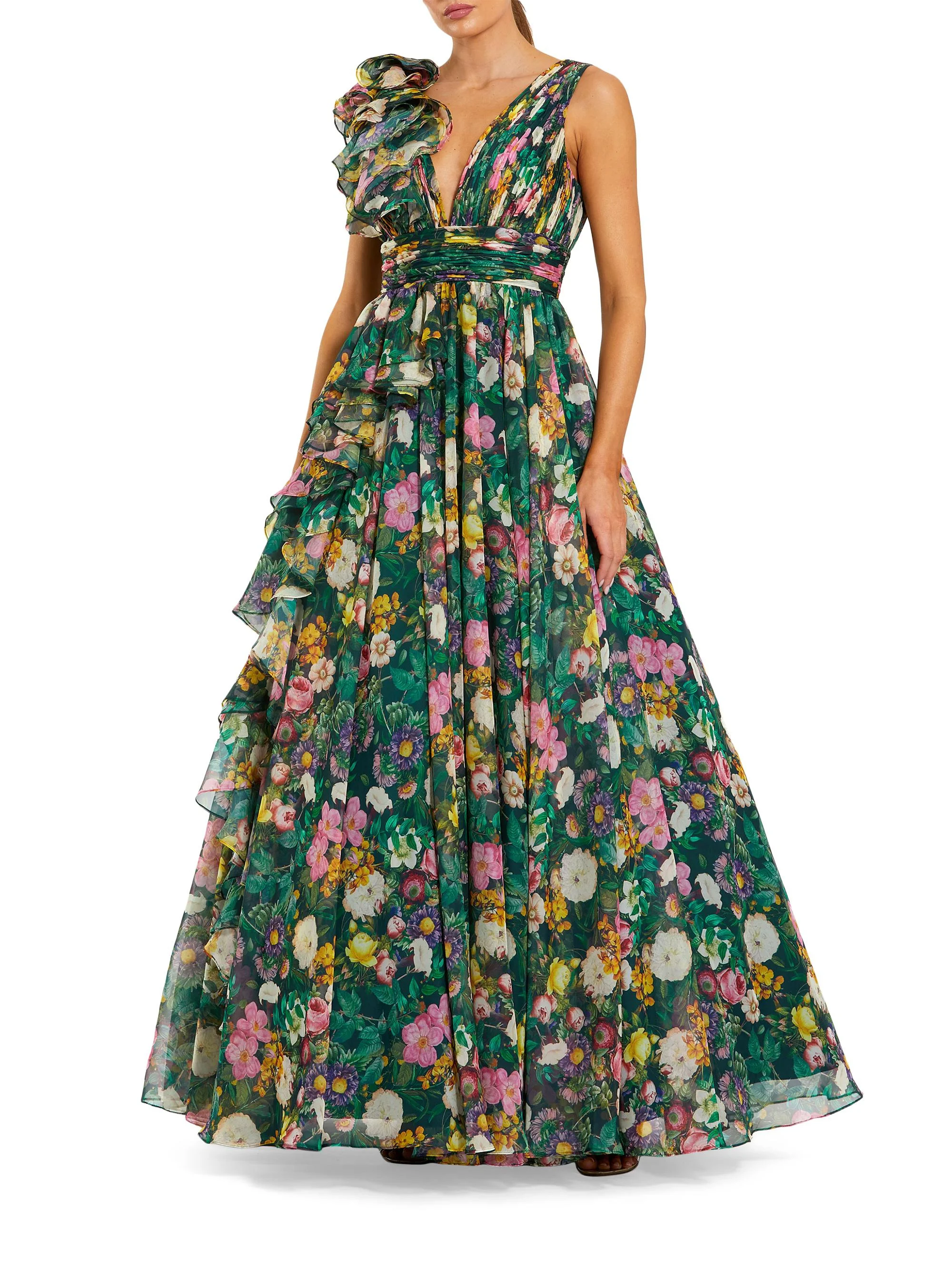 Women's Floral Chiffon Ruffled V-Neck Gown - Deep Green Multi - 1
