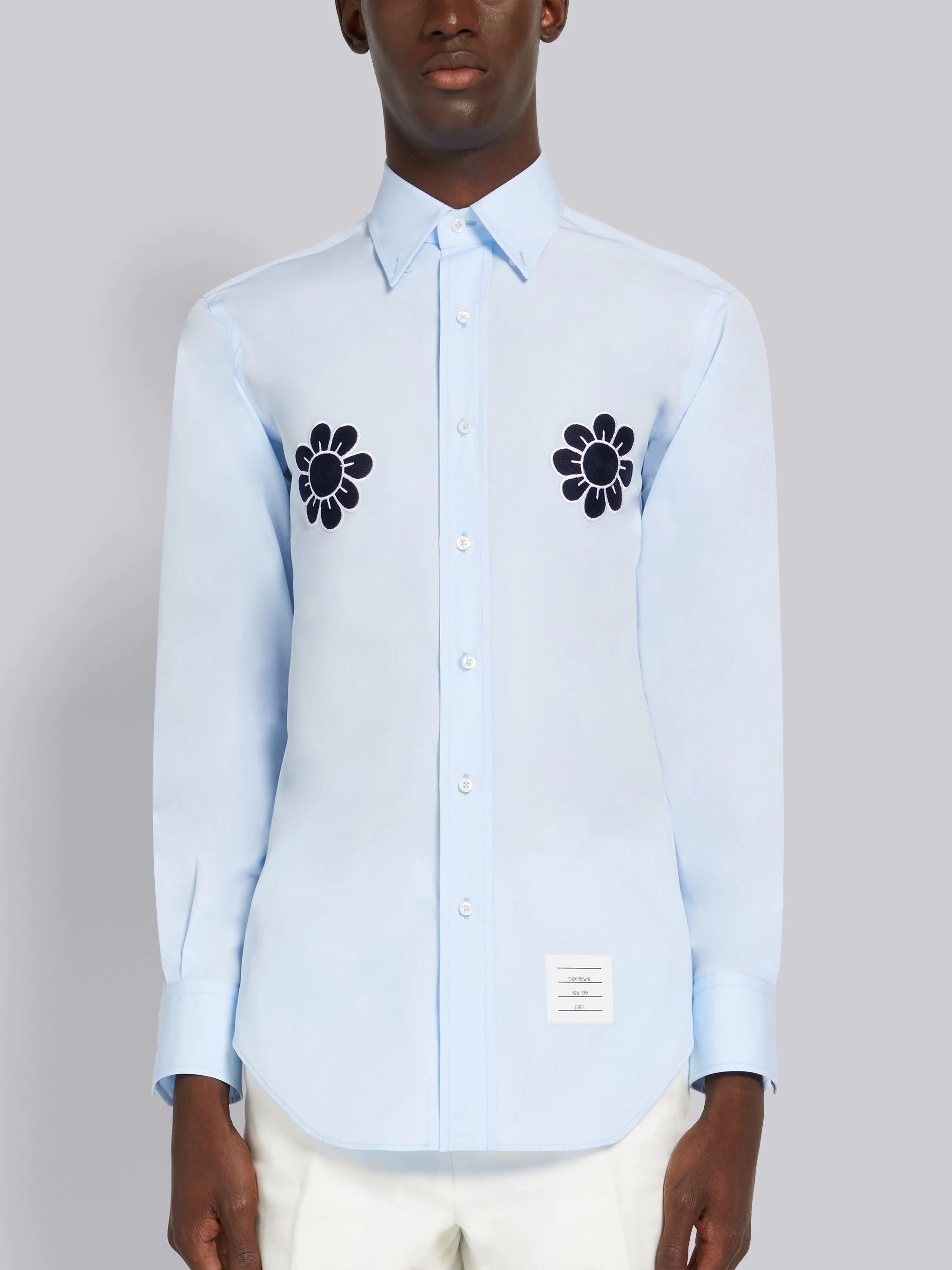 Light Blue Satin Stitch Floral Applique Classic Fit Shirt - 3