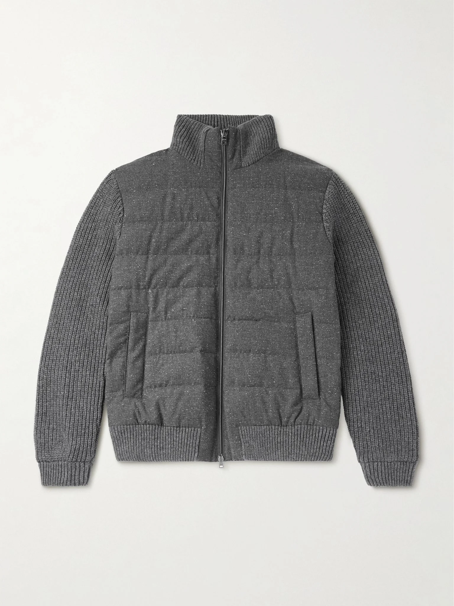 Quilted and Ribbed Wool-Blend Down Bomber Jacket Gray - 1