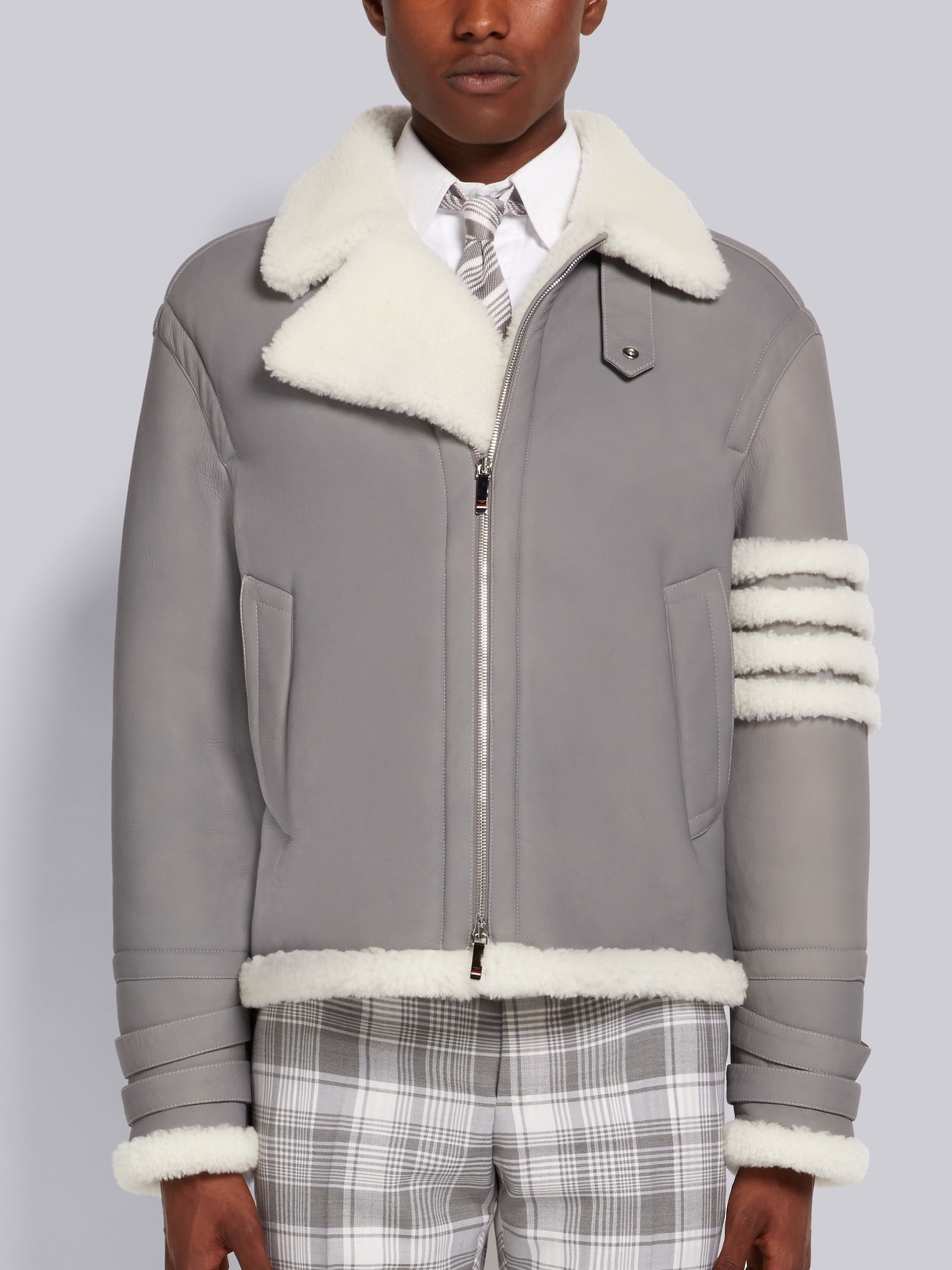 Medium Grey Bicolor Dyed Shearling 4-Bar Oversized Flight Jacket - 1