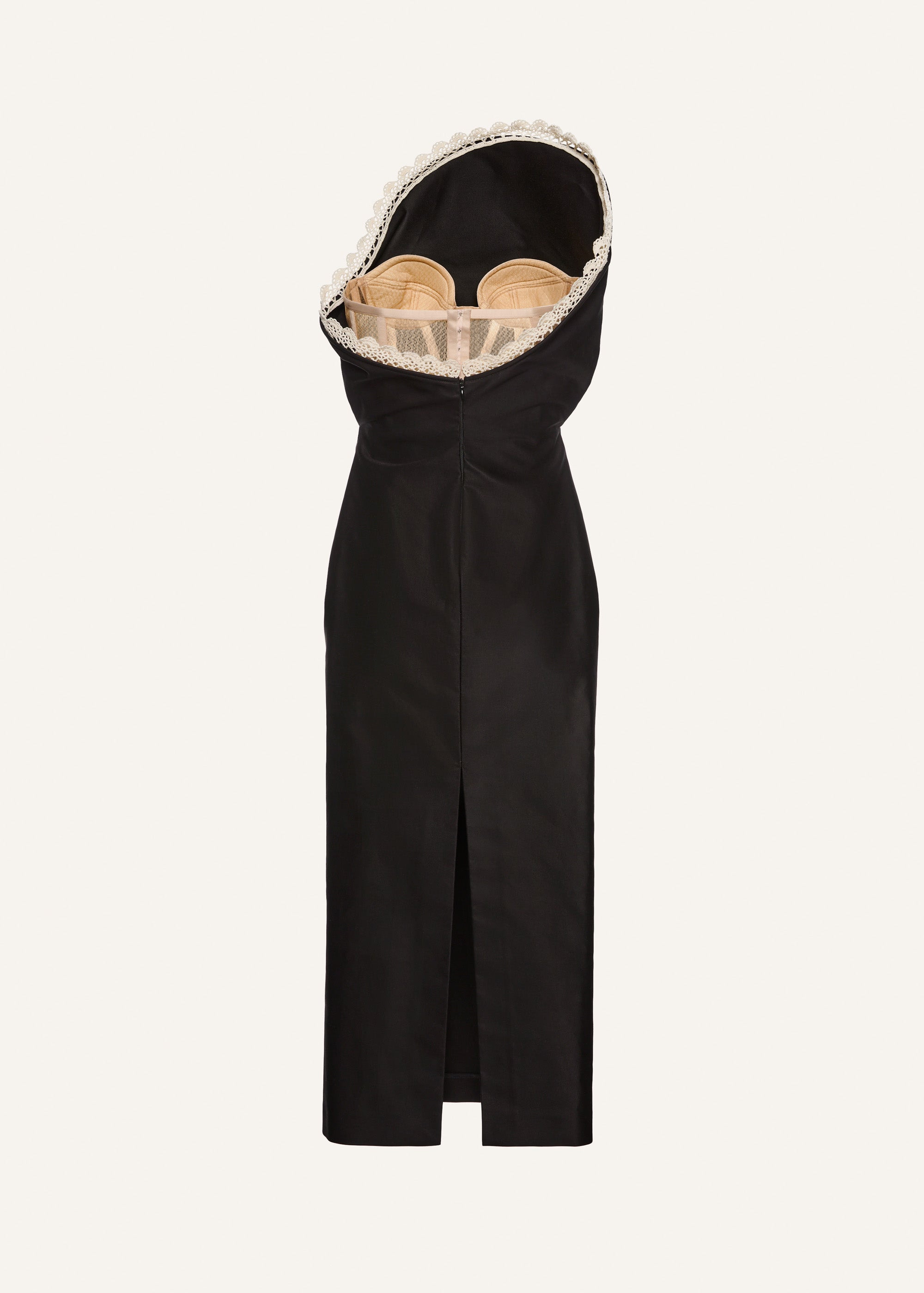 Lace trim sculptural midi dress in black - 2