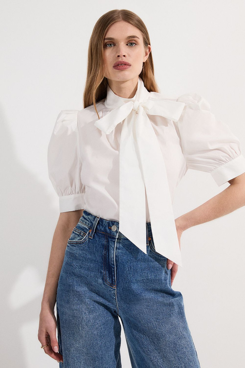 Cotton Poplin Pussy Bow Puff Sleeve Woven Blouse 1