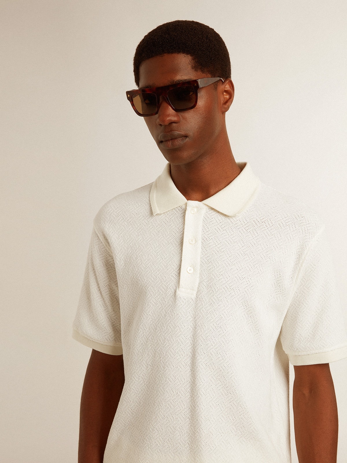 Men's polo shirt in white cotton with mother-of-pearl buttons - 5