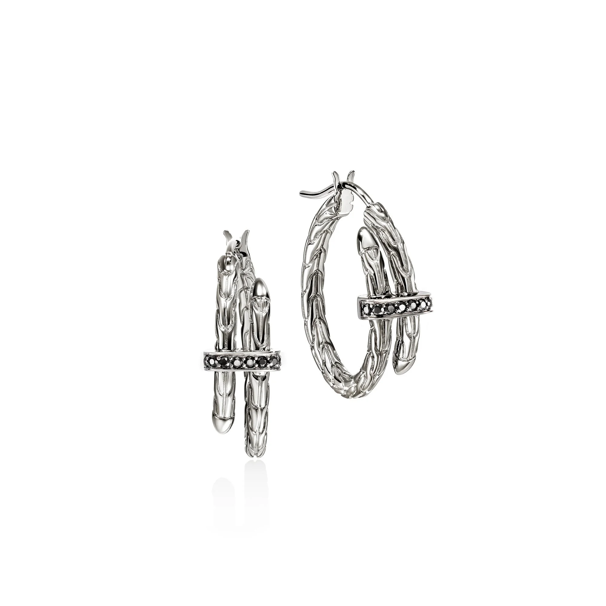 Spear Hoop Earrings, Sterling Silver, Black Sapphire, 22.5MM - 1
