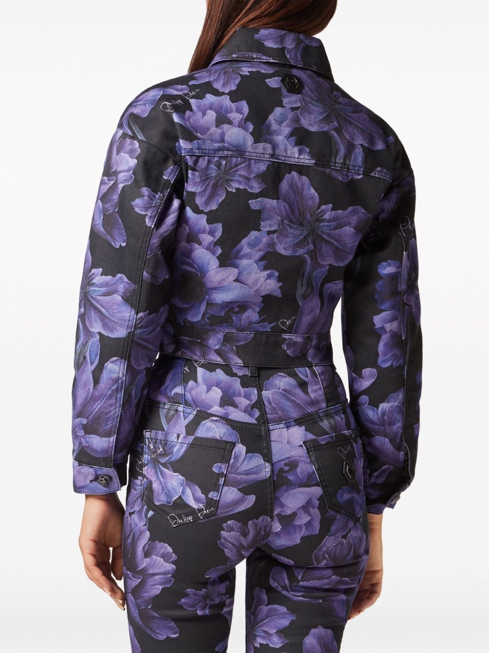 floral-print cropped denim jacket - 3