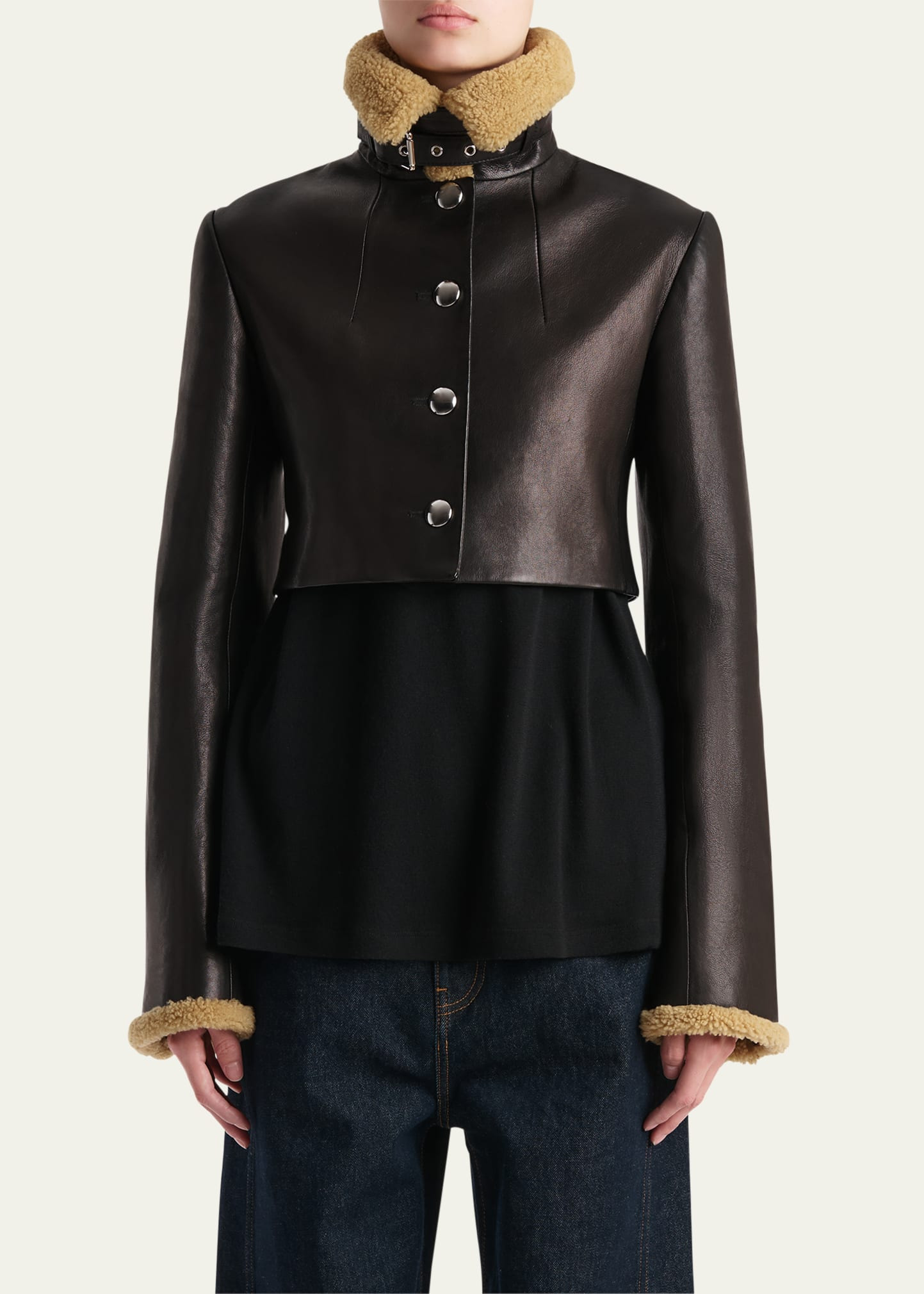 Jodie Shearling-Trim Cropped Leather Jacket - 4