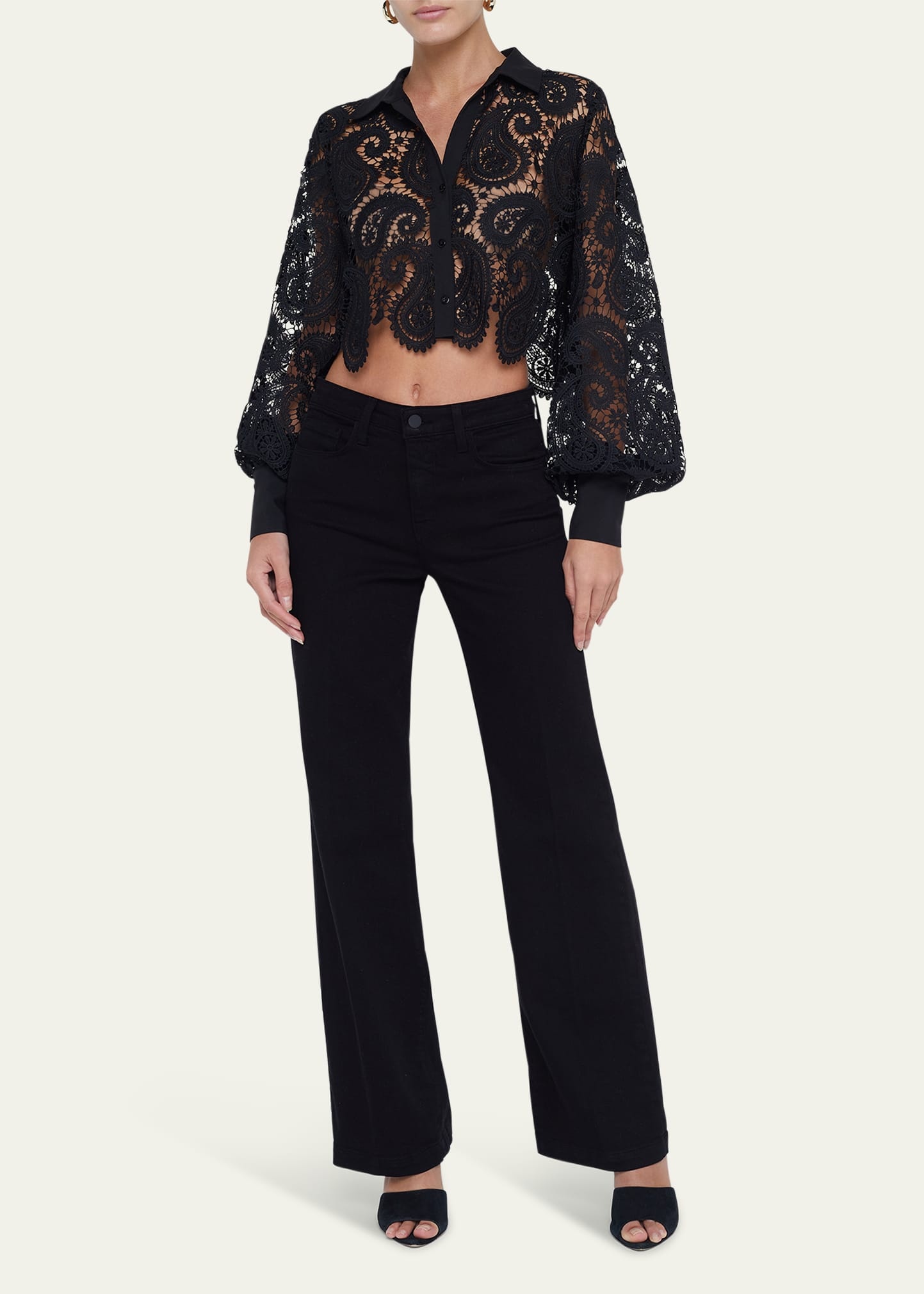 Odelia Paisley Lace Cropped Button-Front Blouse - 2